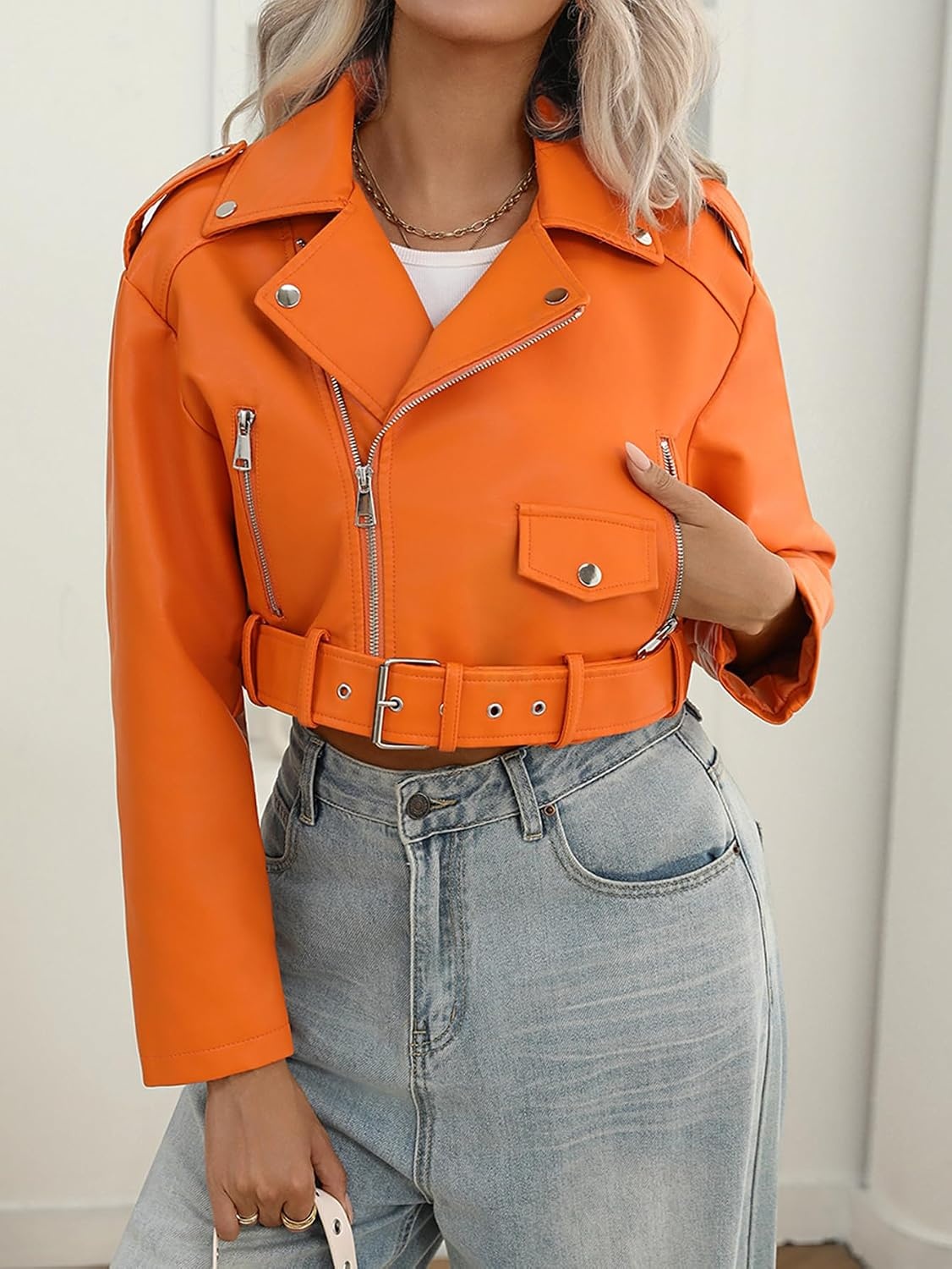 image:imageLY VAREY LIN Women Faux Leather Cropped Jacket Bomber Aviator Motor Biker Coat with Belt903orange