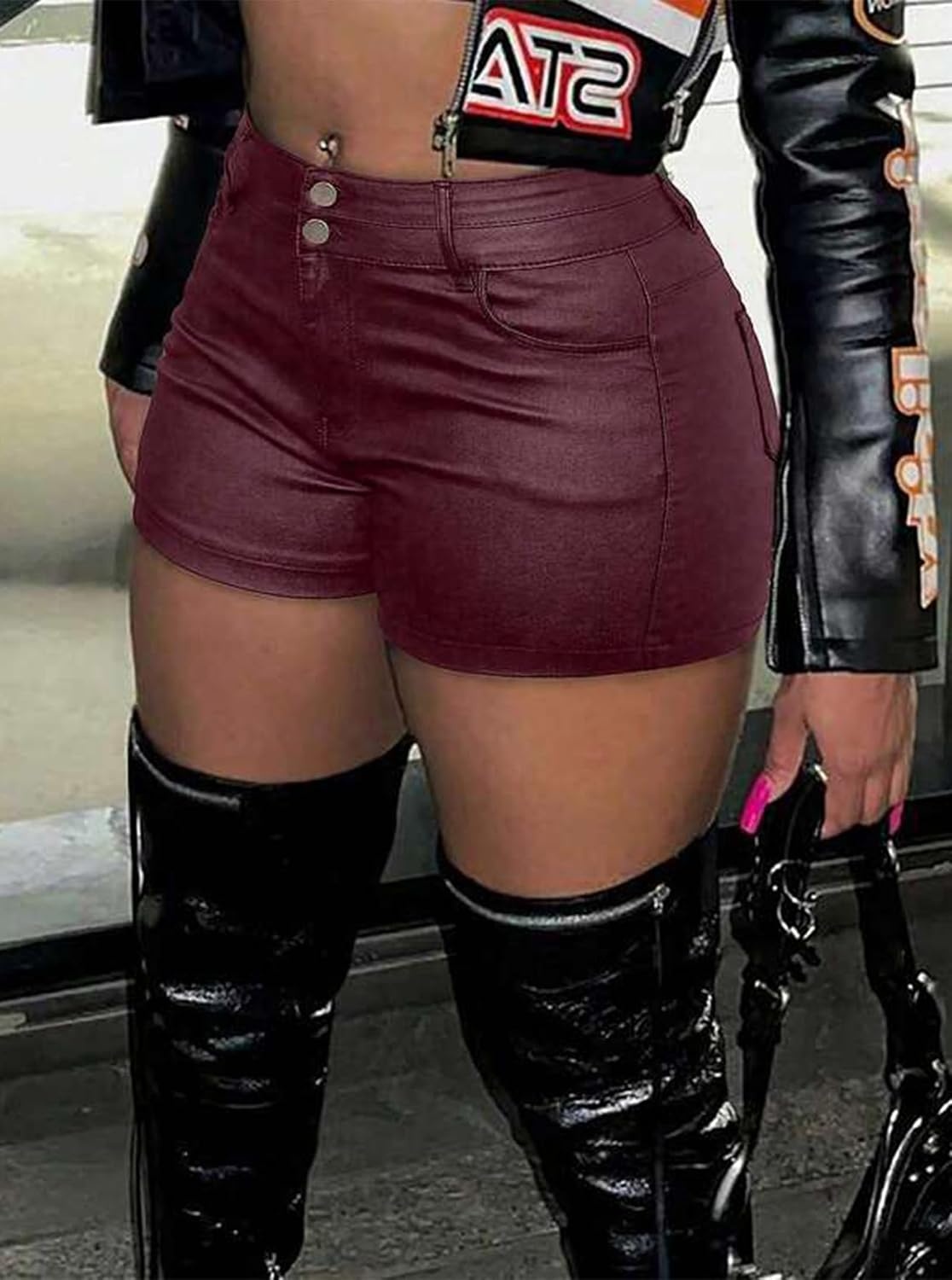 image:imageLeather Shorts for Women Low Rise Hot Micro Shorts Y2K Club OutfitsBurgundy1