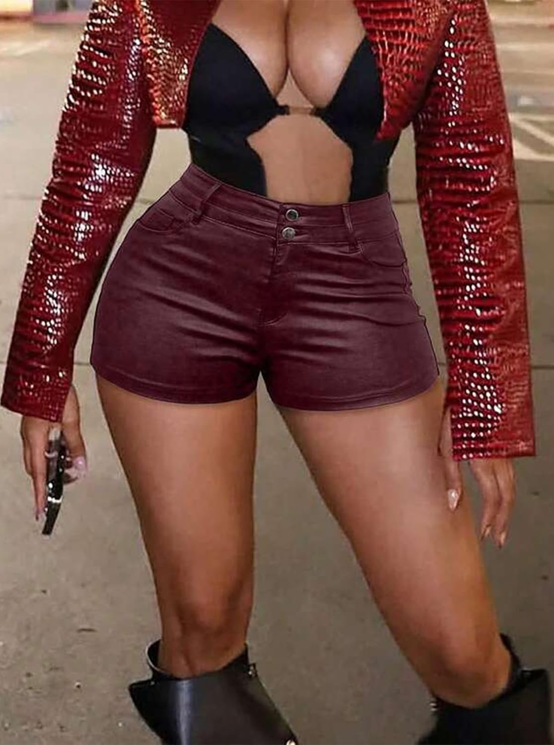 image:imageLeather Shorts for Women Low Rise Hot Micro Shorts Y2K Club OutfitsBurgundy1