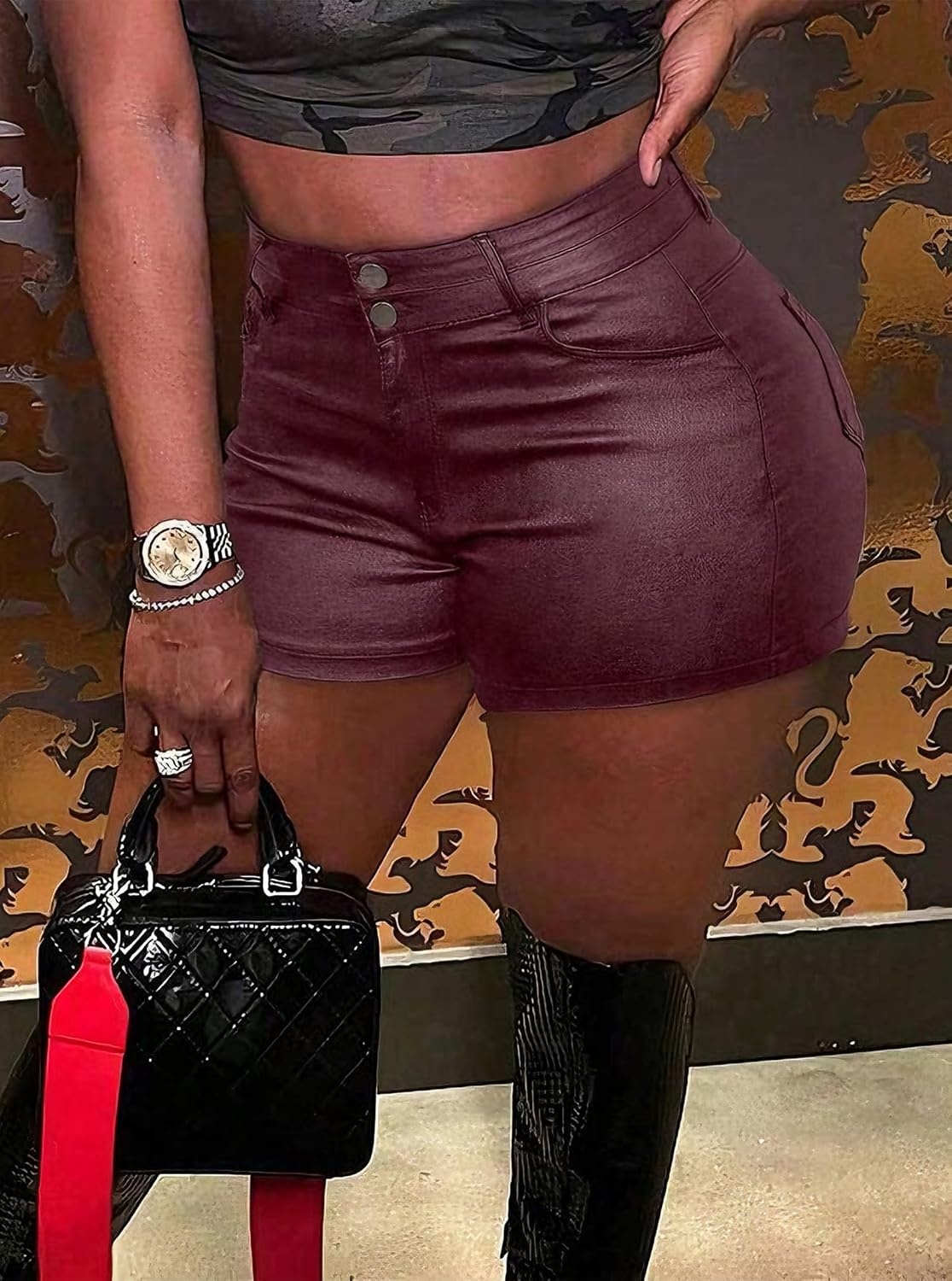 image:imageLeather Shorts for Women Low Rise Hot Micro Shorts Y2K Club OutfitsBurgundy1