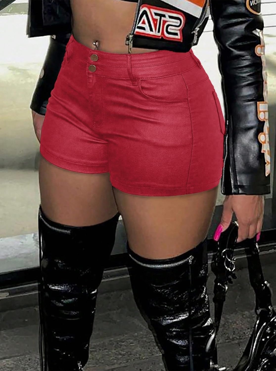 image:imageLeather Shorts for Women Low Rise Hot Micro Shorts Y2K Club OutfitsRed1
