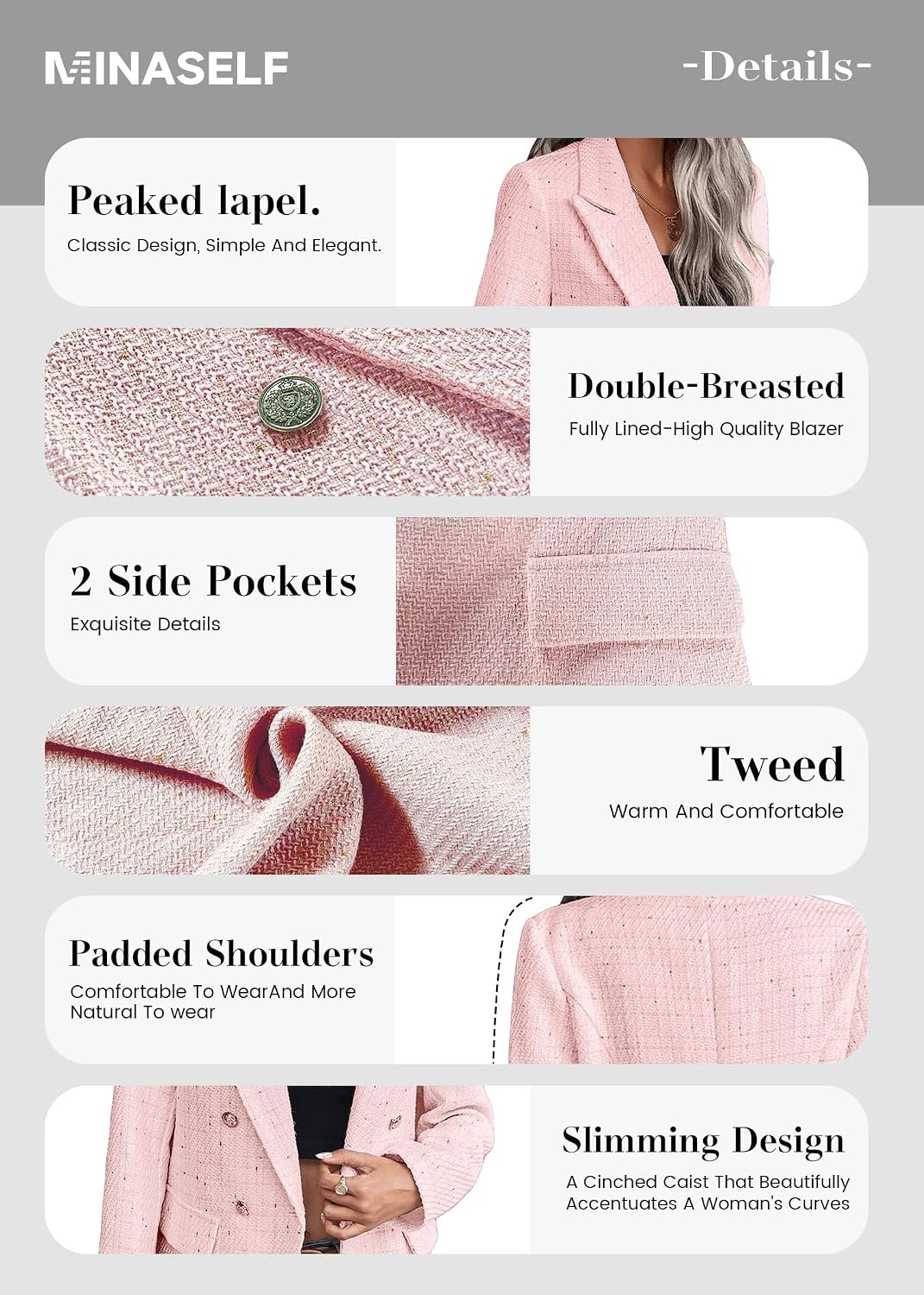 image:imageMina Self 2026 Womens Fall Tweed Blazer Plaid Jacket Business Casual Coat1tweedPink