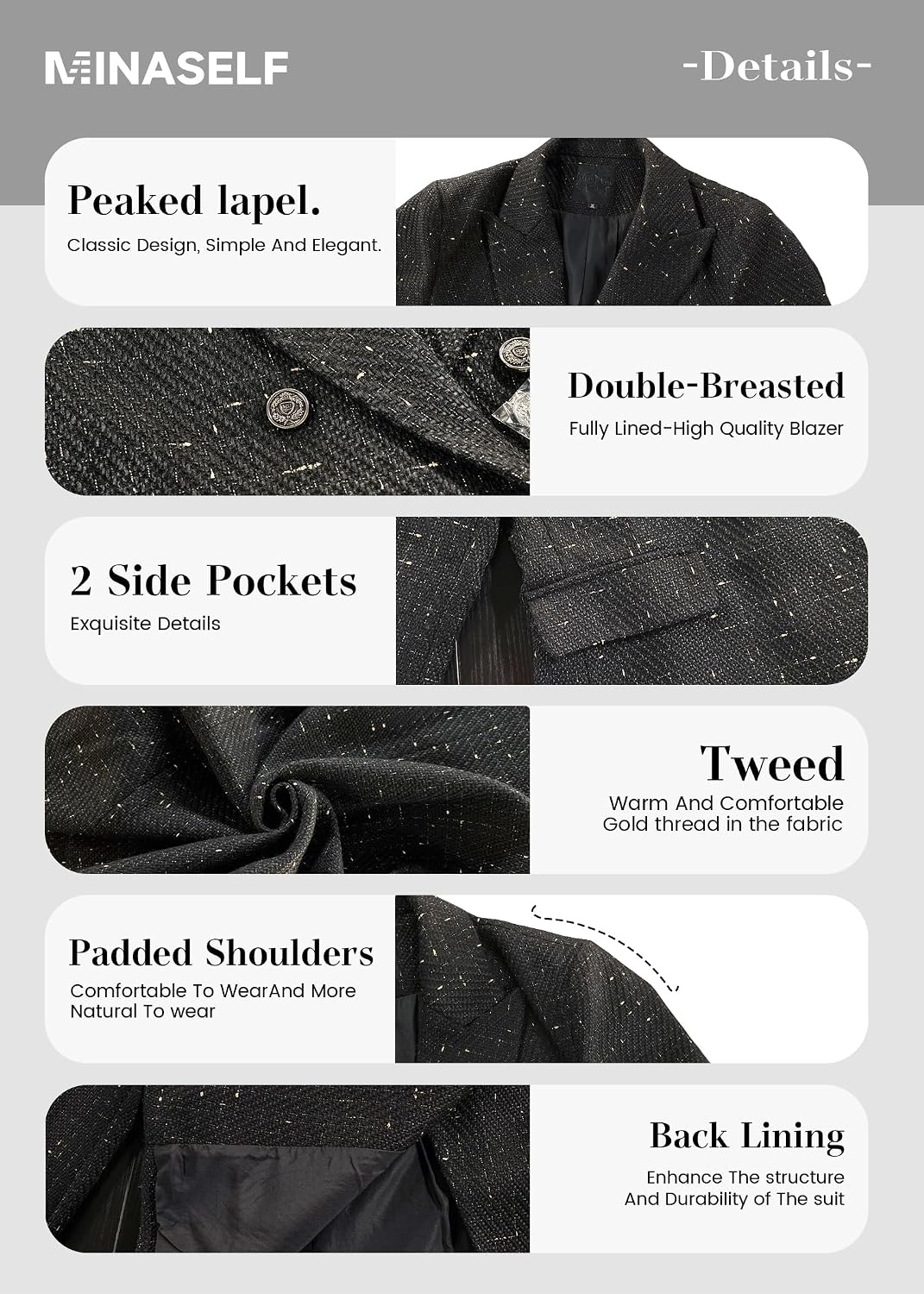 image:imageMina Self 2026 Womens Fall Tweed Blazer Plaid Jacket Business Casual Coat2tweedBlack