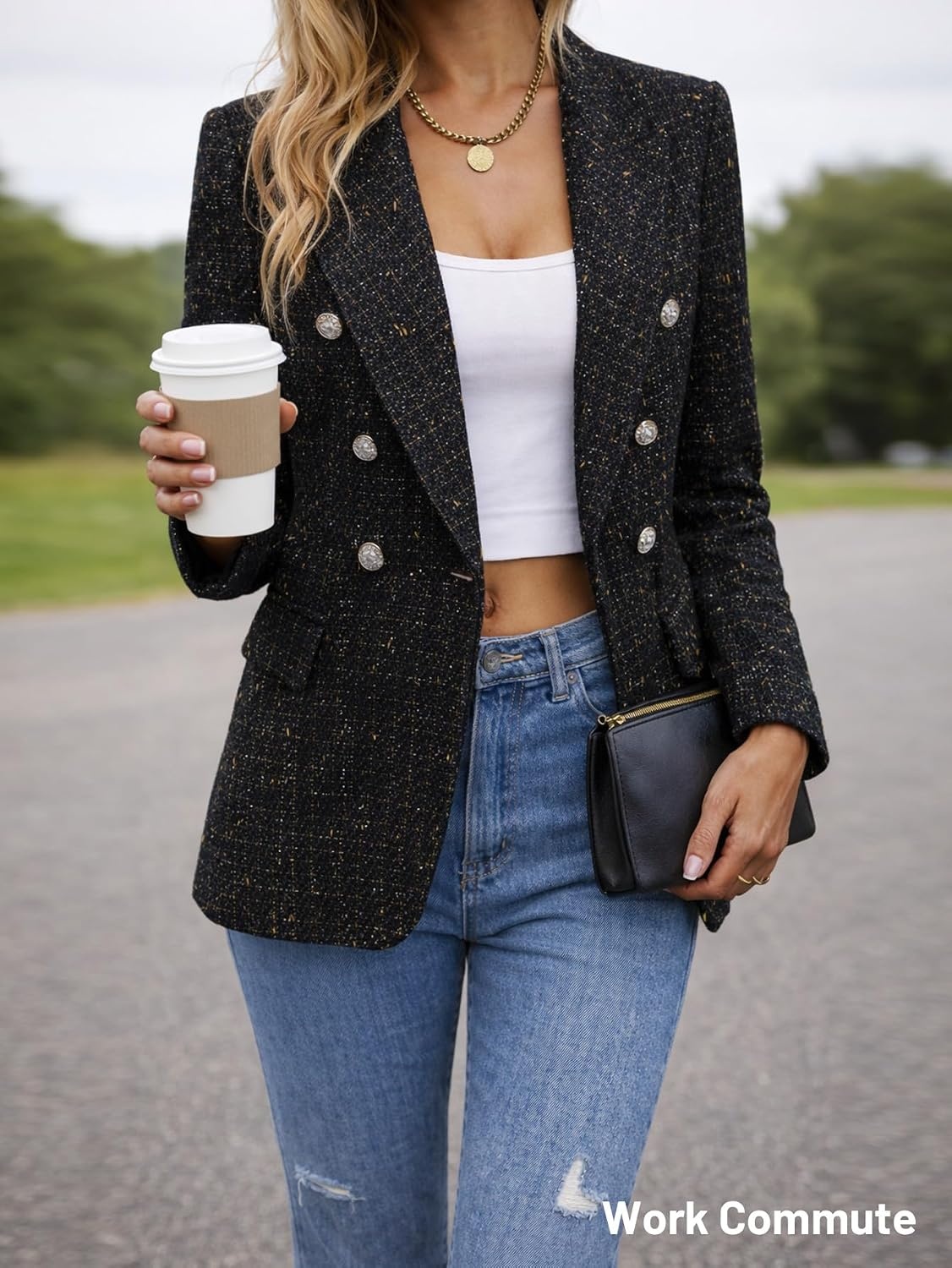 image:imageMina Self 2026 Womens Fall Tweed Blazer Plaid Jacket Business Casual Coat2tweedBlack