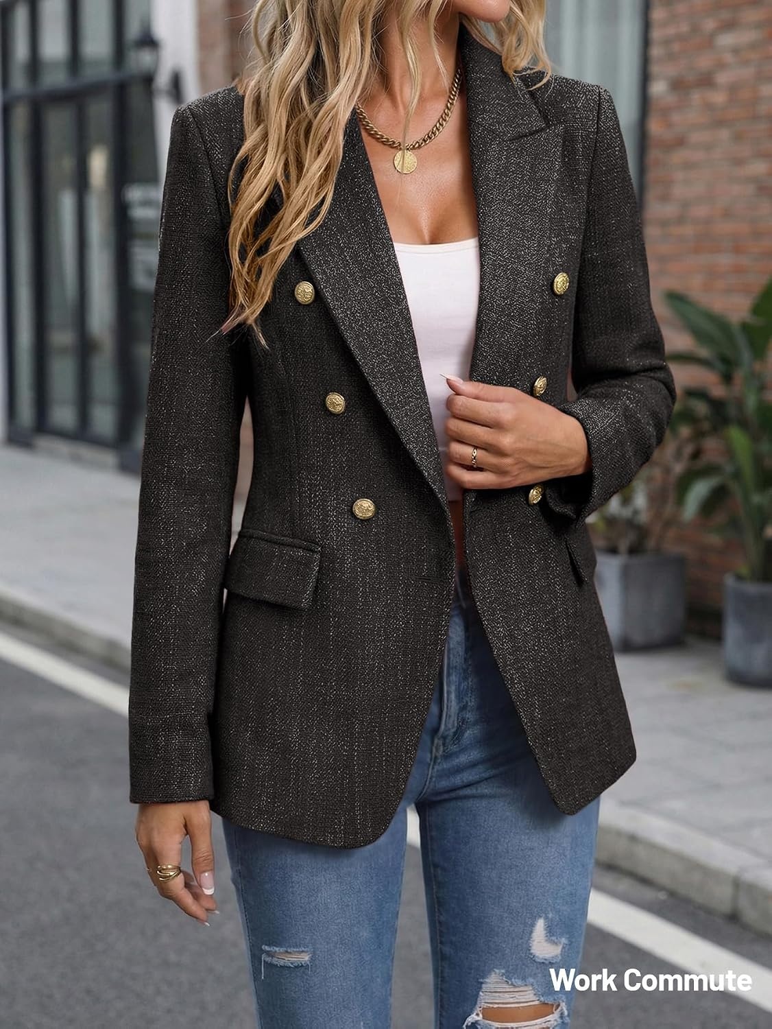 image:imageMina Self 2026 Womens Fall Tweed Blazer Plaid Jacket Business Casual Coat3tweedBlack