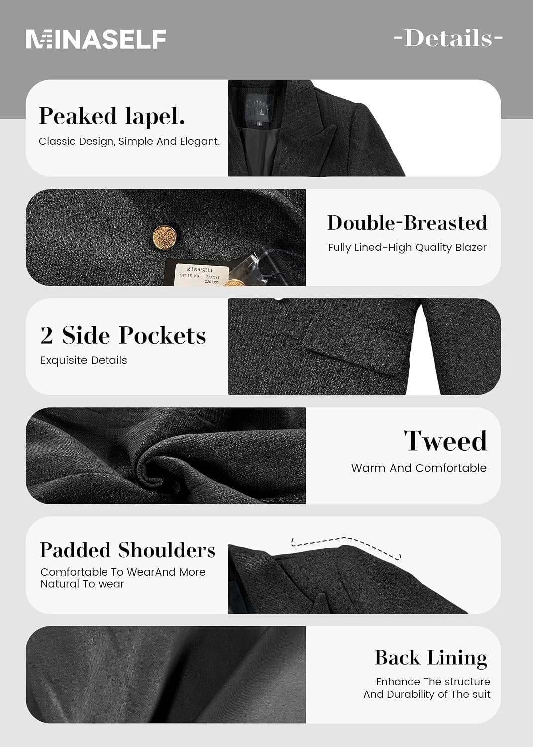 image:imageMina Self 2026 Womens Fall Tweed Blazer Plaid Jacket Business Casual Coat3tweedBlack