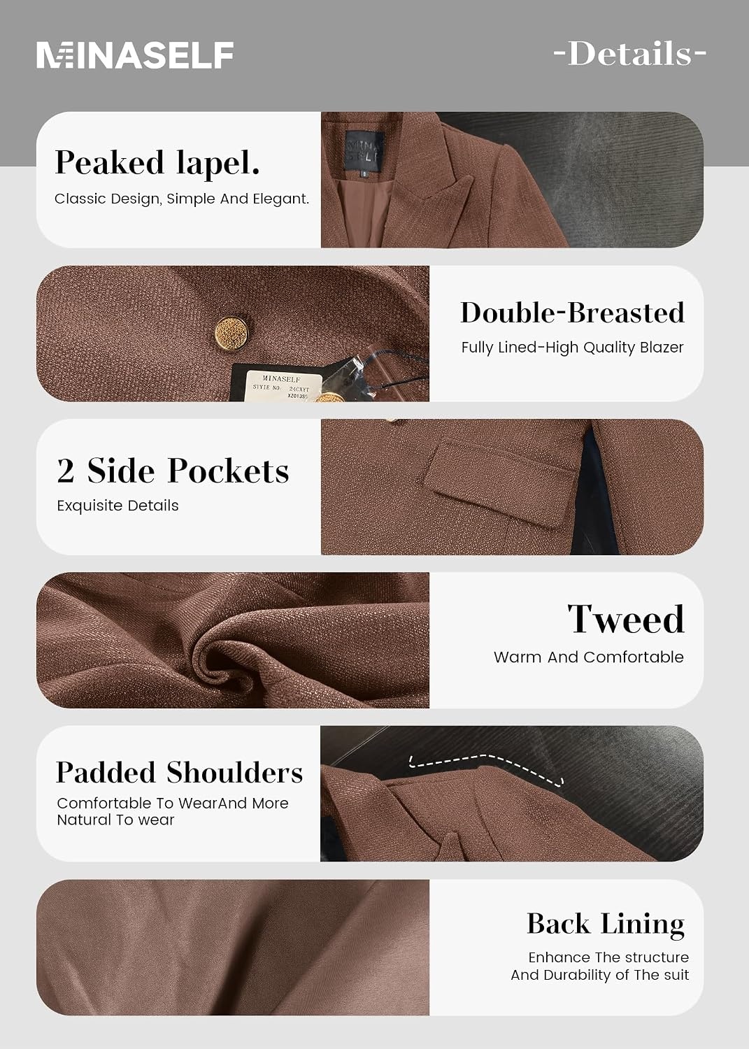 image:imageMina Self 2026 Womens Fall Tweed Blazer Plaid Jacket Business Casual Coat3tweedChocolate