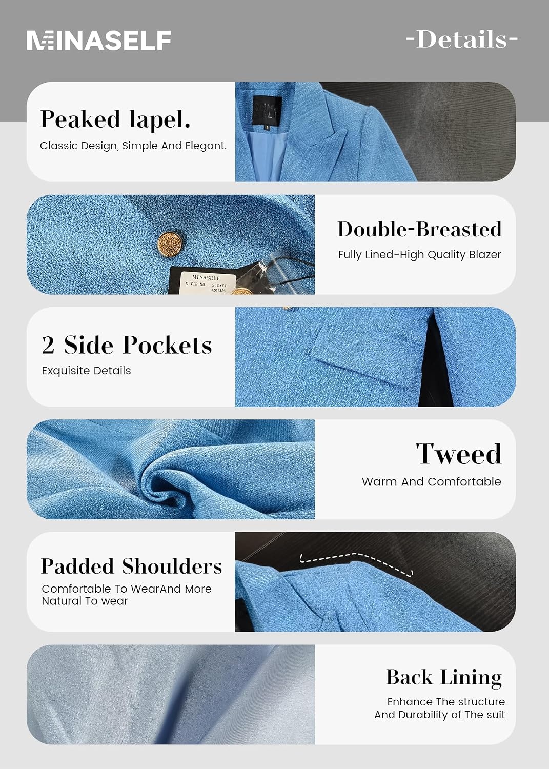 image:imageMina Self 2026 Womens Fall Tweed Blazer Plaid Jacket Business Casual Coat3tweedDark Blue