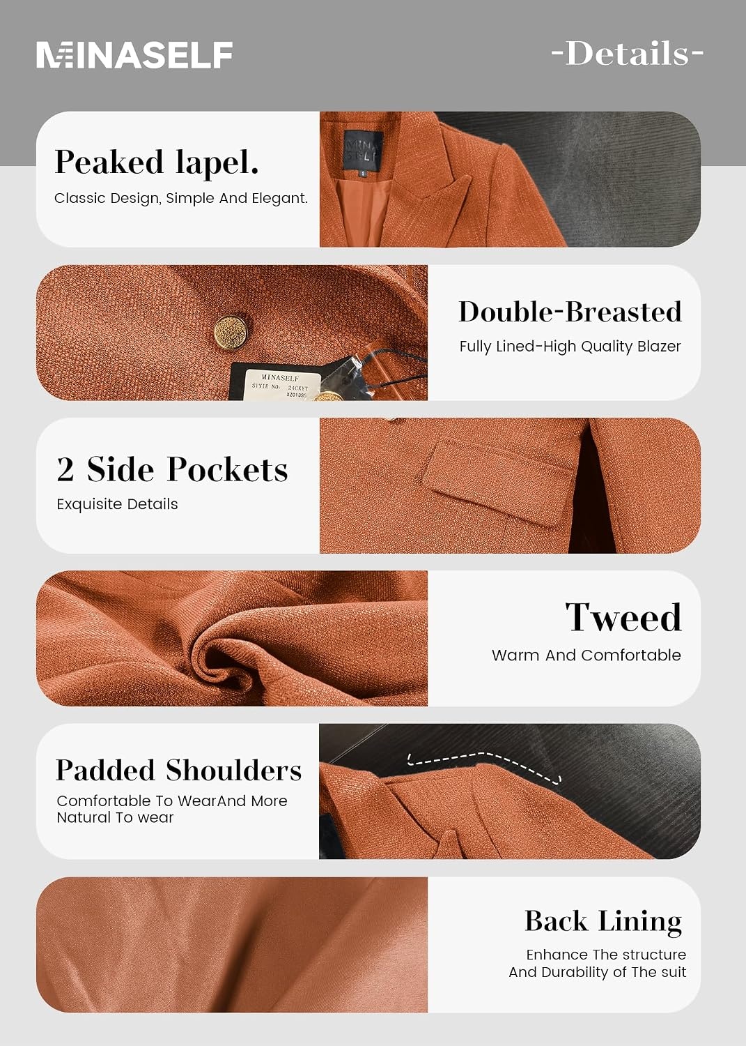 image:imageMina Self 2026 Womens Fall Tweed Blazer Plaid Jacket Business Casual Coat3tweedOrange