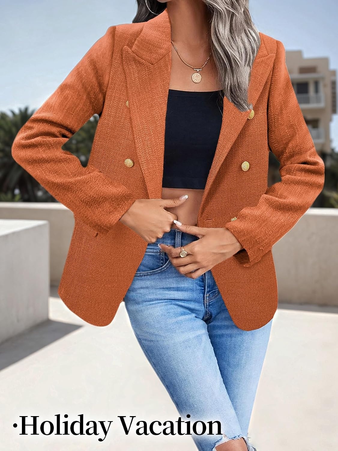 image:imageMina Self 2026 Womens Fall Tweed Blazer Plaid Jacket Business Casual Coat3tweedOrange