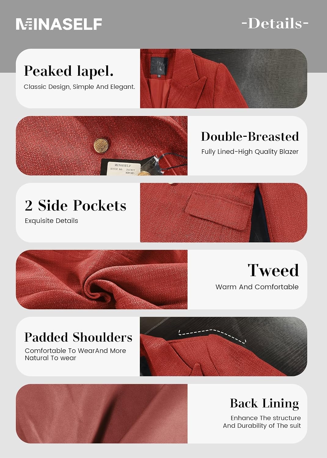 image:imageMina Self 2026 Womens Fall Tweed Blazer Plaid Jacket Business Casual Coat3tweedRed