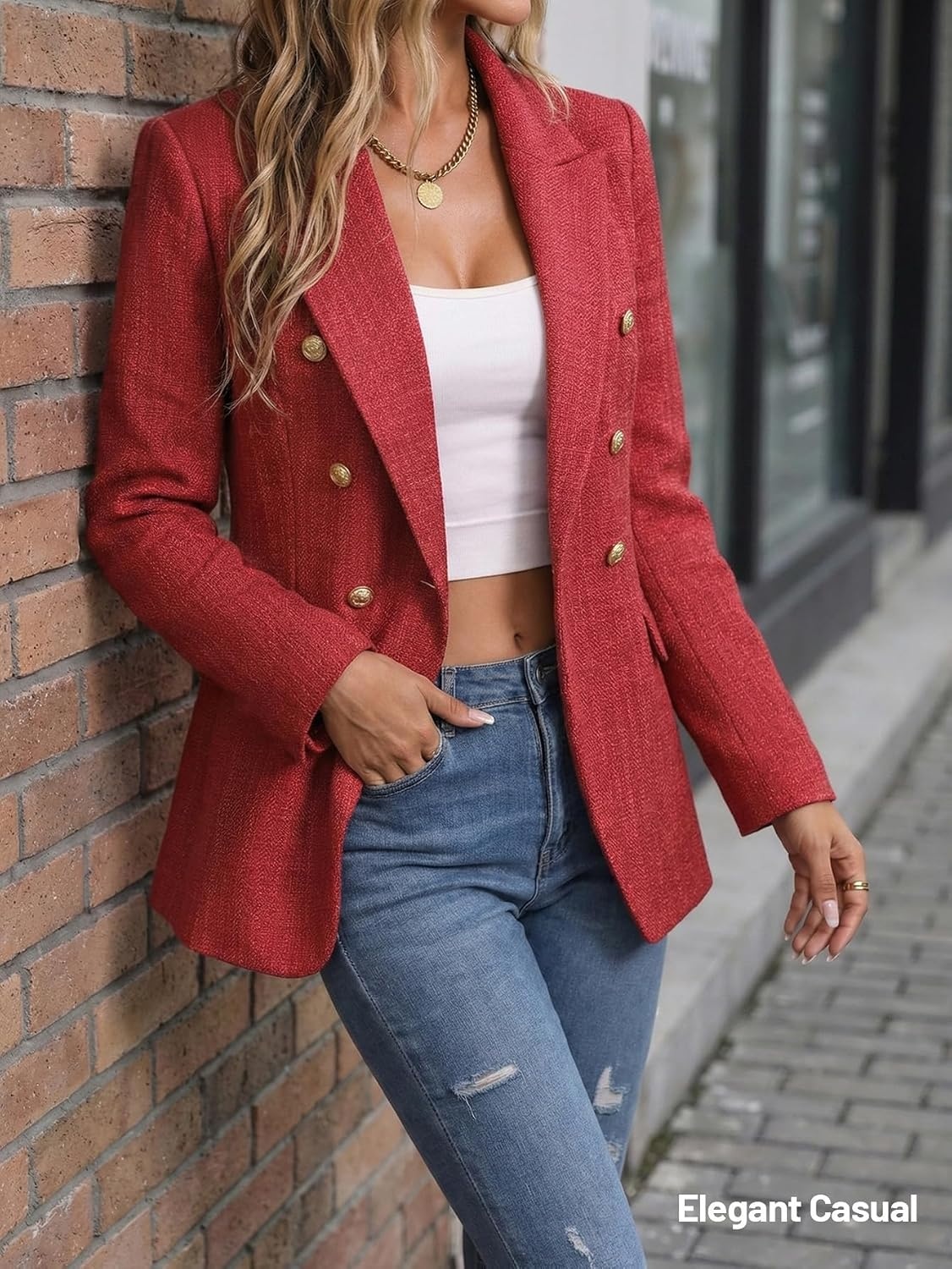 image:imageMina Self 2026 Womens Fall Tweed Blazer Plaid Jacket Business Casual Coat3tweedRed