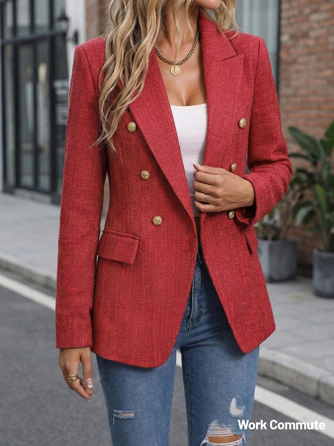 image:imageMina Self 2026 Womens Fall Tweed Blazer Plaid Jacket Business Casual Coat3tweedRed