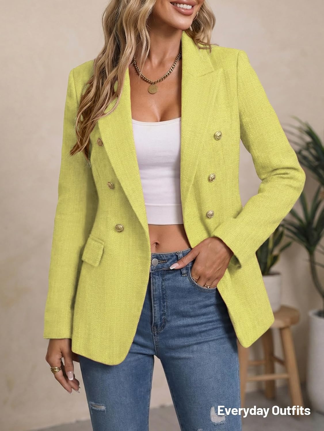 image:imageMina Self 2026 Womens Fall Tweed Blazer Plaid Jacket Business Casual Coat3tweedYellowish Green