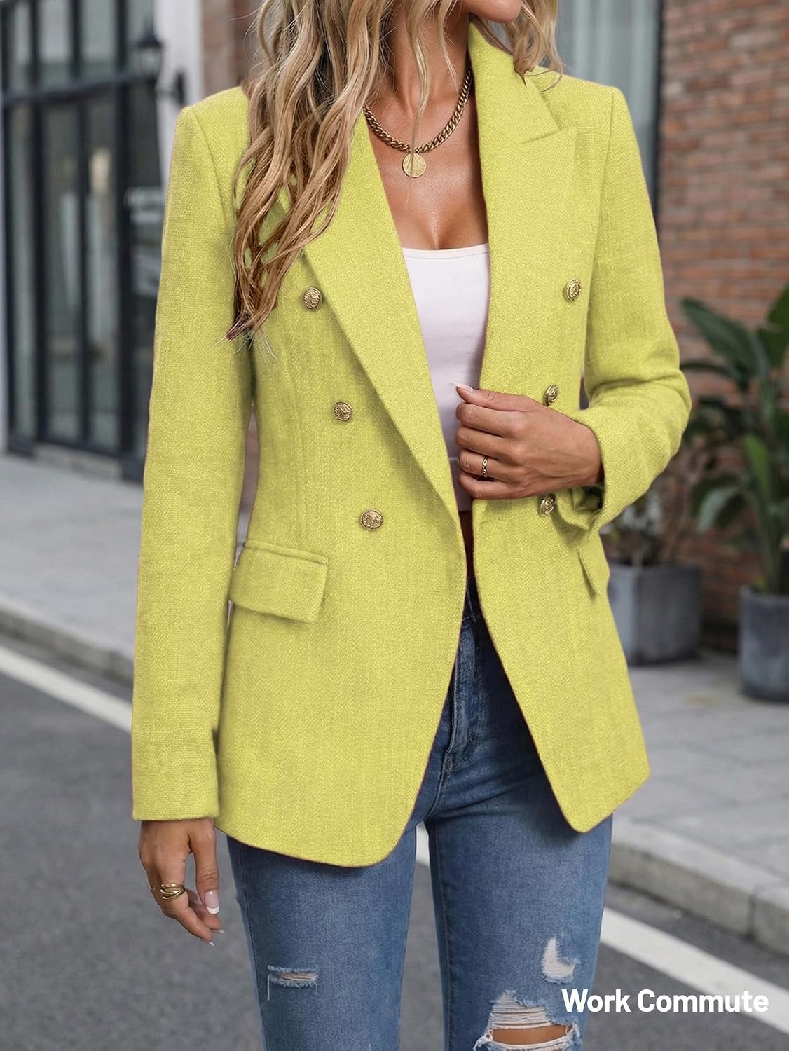image:imageMina Self 2026 Womens Fall Tweed Blazer Plaid Jacket Business Casual Coat3tweedYellowish Green