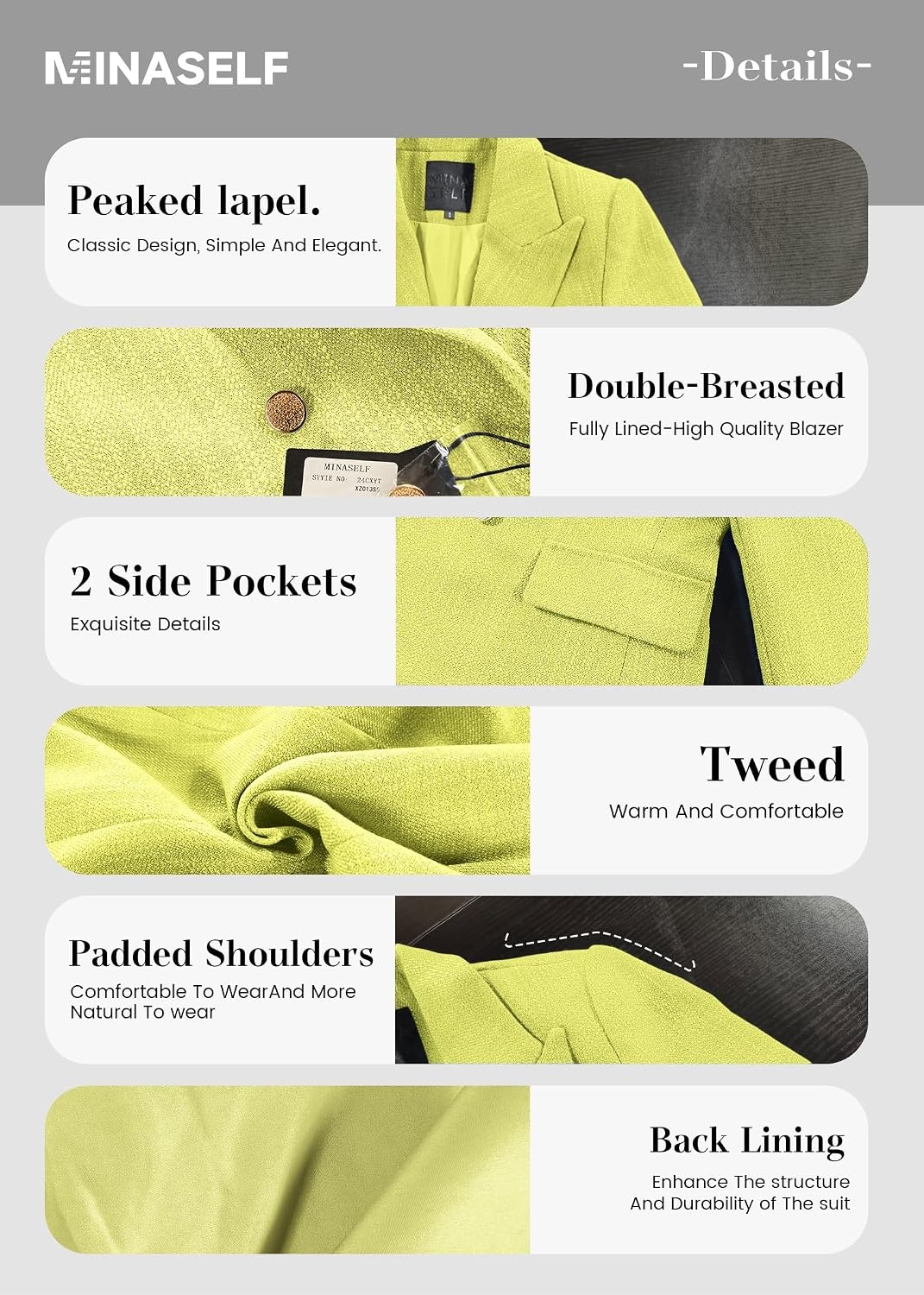 image:imageMina Self 2026 Womens Fall Tweed Blazer Plaid Jacket Business Casual Coat3tweedYellowish Green