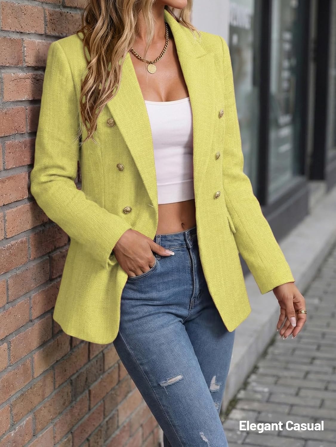 image:imageMina Self 2026 Womens Fall Tweed Blazer Plaid Jacket Business Casual Coat3tweedYellowish Green