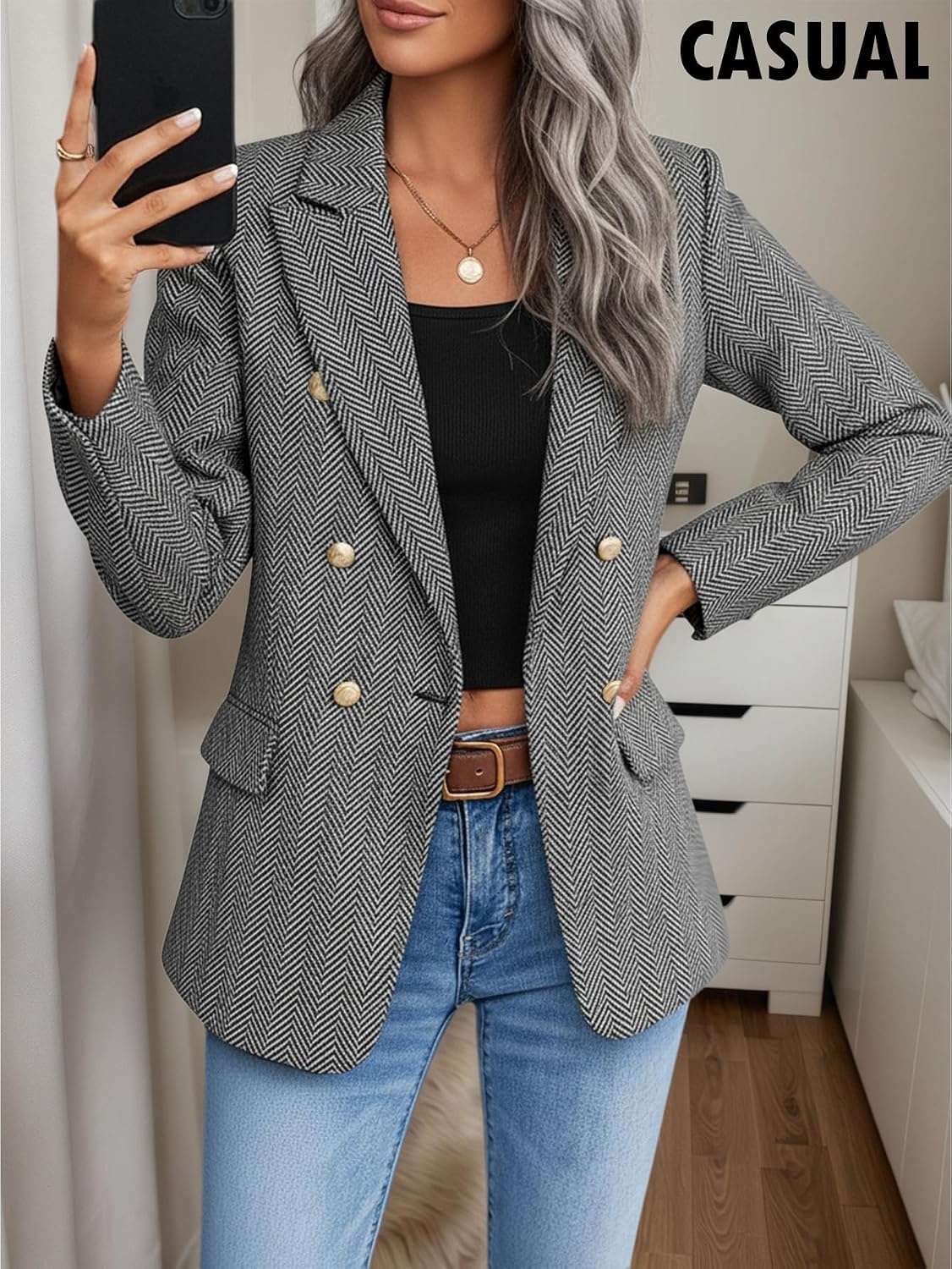 image:imageMina Self 2026 Womens Fall Tweed Blazer Plaid Jacket Business Casual CoatHerringboneBlack