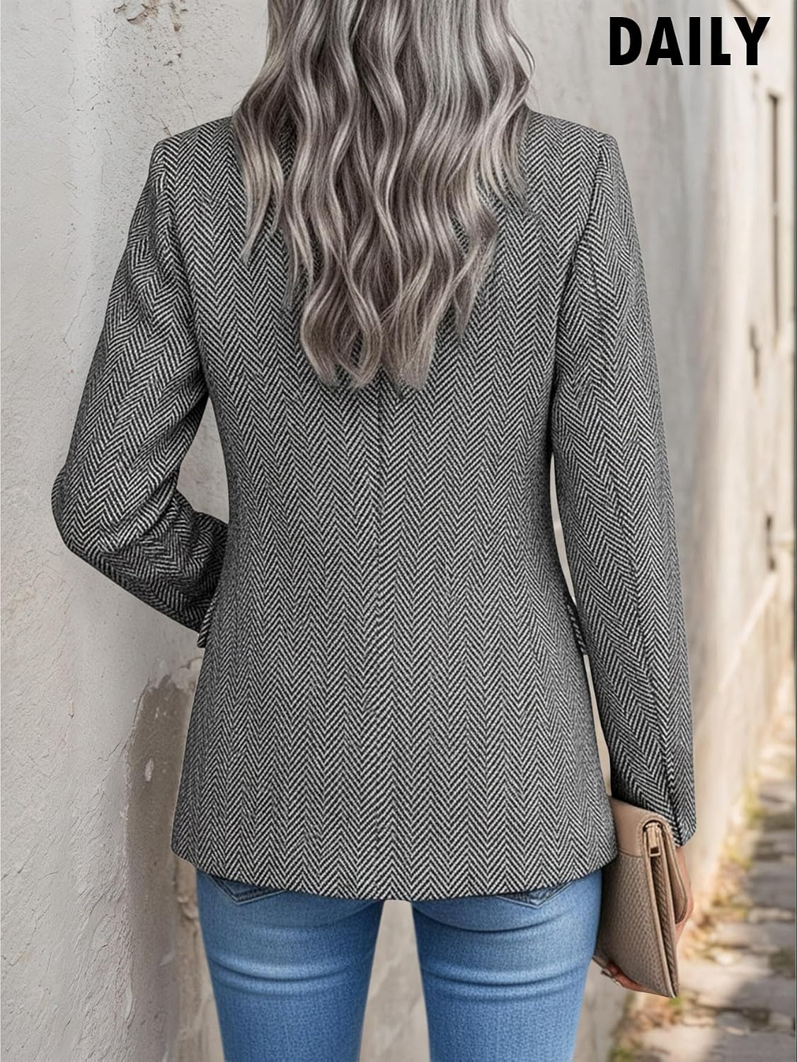 image:imageMina Self 2026 Womens Fall Tweed Blazer Plaid Jacket Business Casual CoatHerringboneBlack