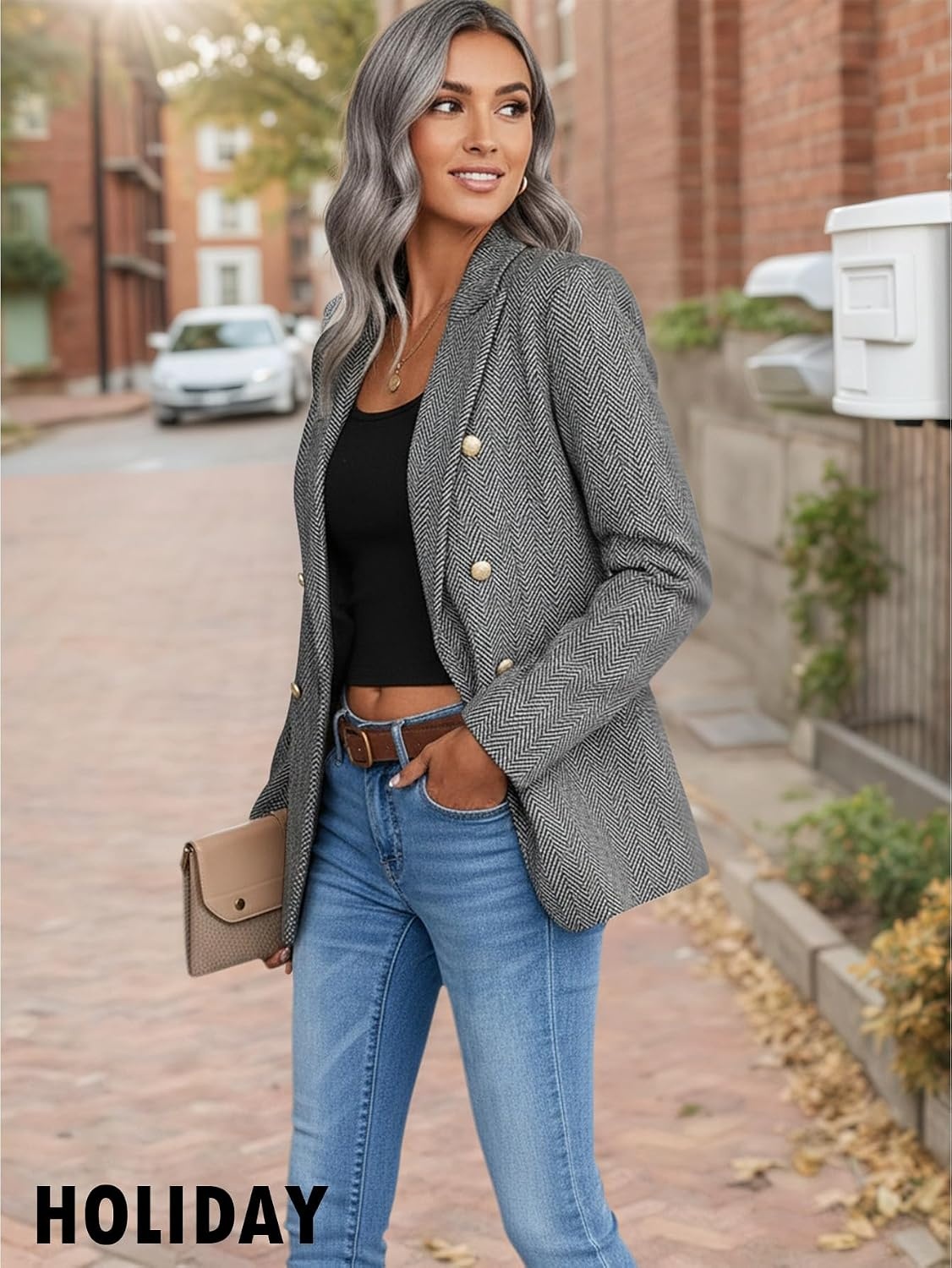 image:imageMina Self 2026 Womens Fall Tweed Blazer Plaid Jacket Business Casual CoatHerringboneBlack