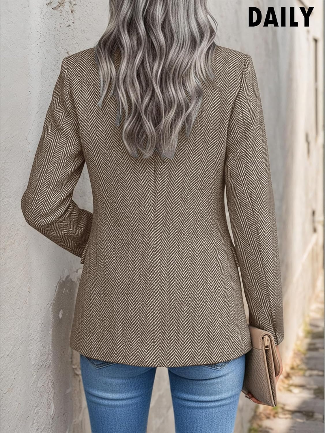 image:imageMina Self 2026 Womens Fall Tweed Blazer Plaid Jacket Business Casual CoatHerringboneBrown