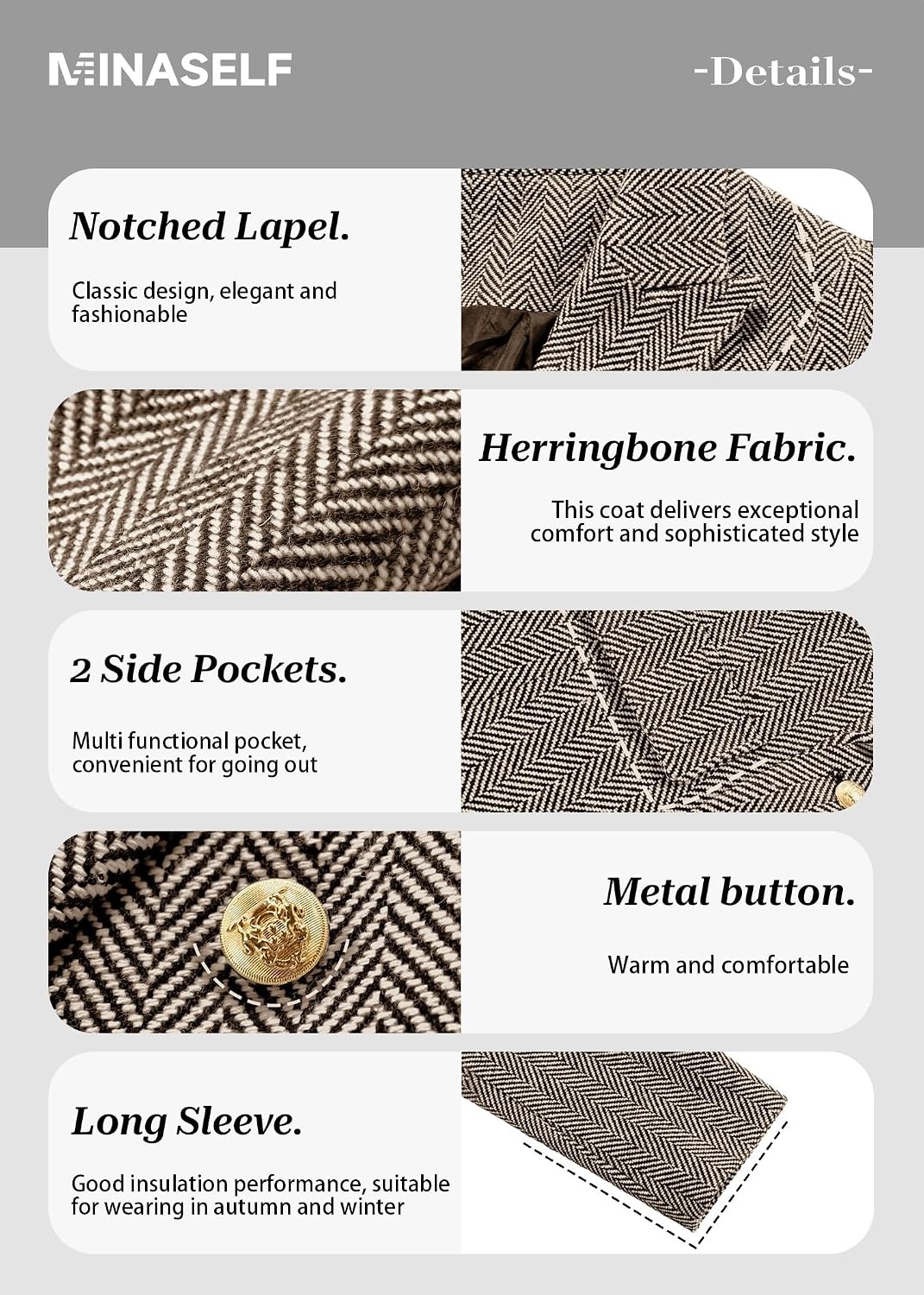 image:imageMina Self 2026 Womens Fall Tweed Blazer Plaid Jacket Business Casual CoatHerringboneBrown