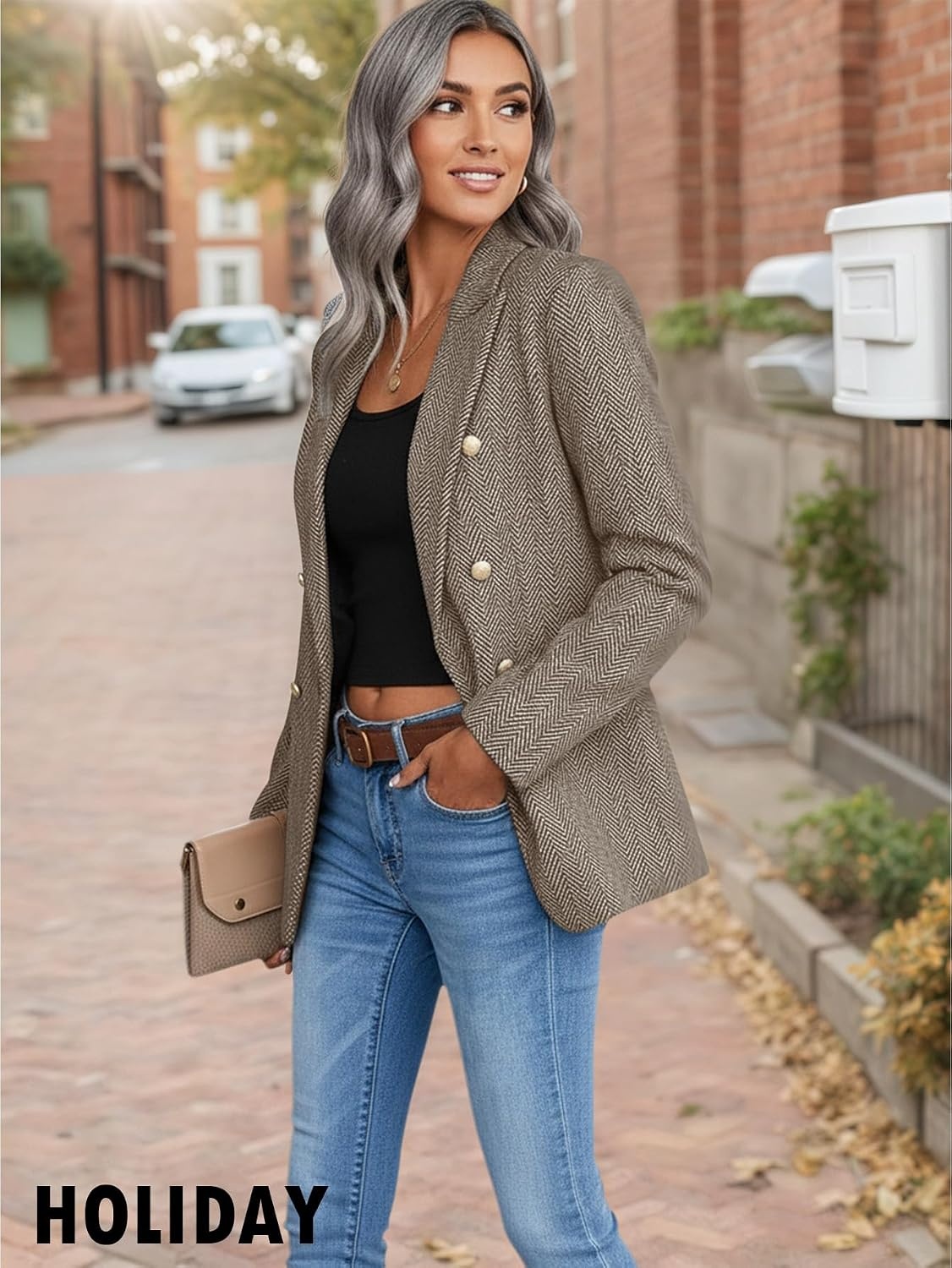 image:imageMina Self 2026 Womens Fall Tweed Blazer Plaid Jacket Business Casual CoatHerringboneBrown