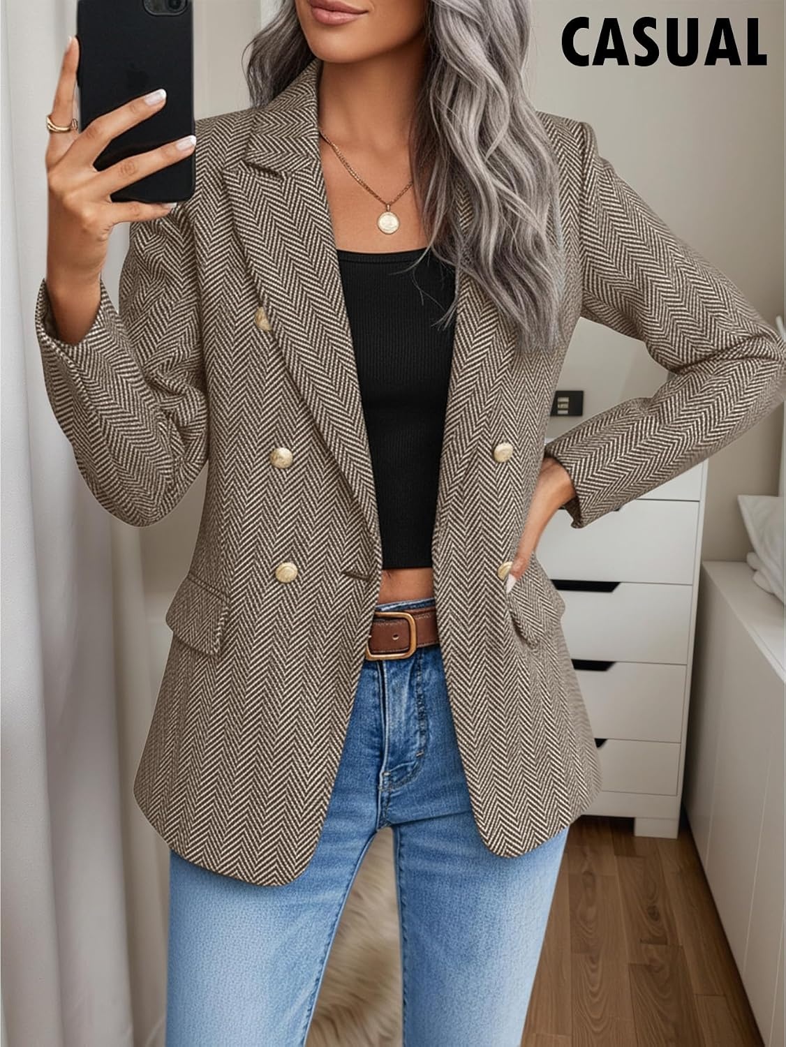 image:imageMina Self 2026 Womens Fall Tweed Blazer Plaid Jacket Business Casual CoatHerringboneBrown