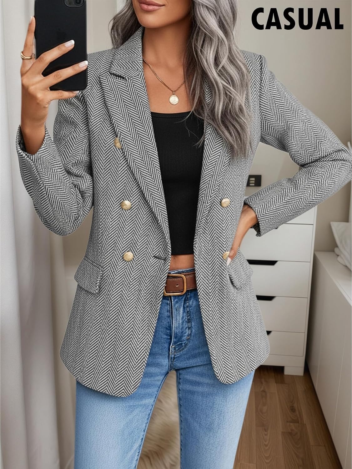 image:imageMina Self 2026 Womens Fall Tweed Blazer Plaid Jacket Business Casual CoatHerringboneGrey
