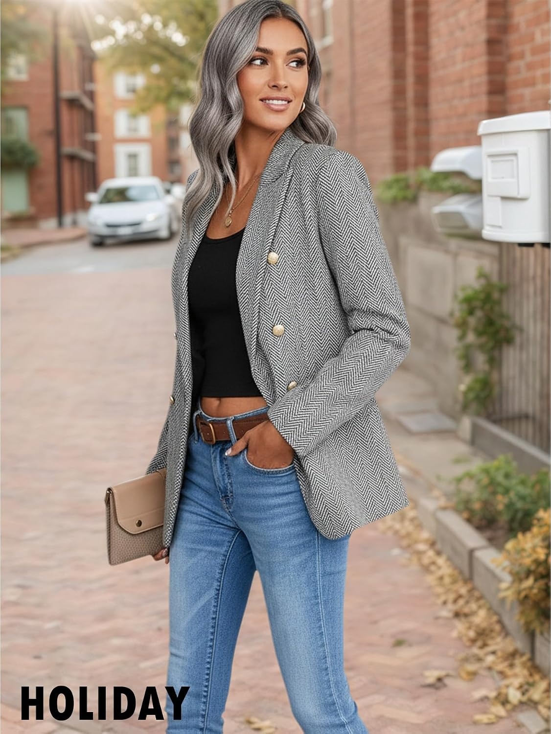 image:imageMina Self 2026 Womens Fall Tweed Blazer Plaid Jacket Business Casual CoatHerringboneGrey