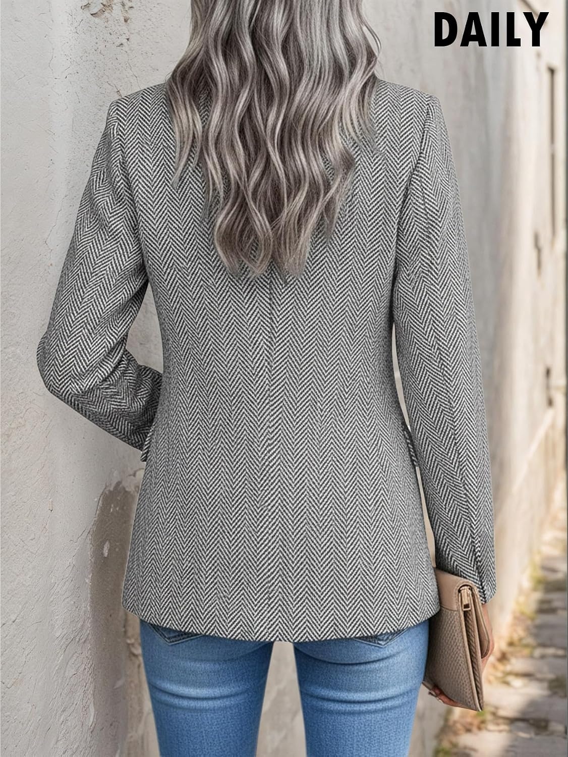 image:imageMina Self 2026 Womens Fall Tweed Blazer Plaid Jacket Business Casual CoatHerringboneGrey