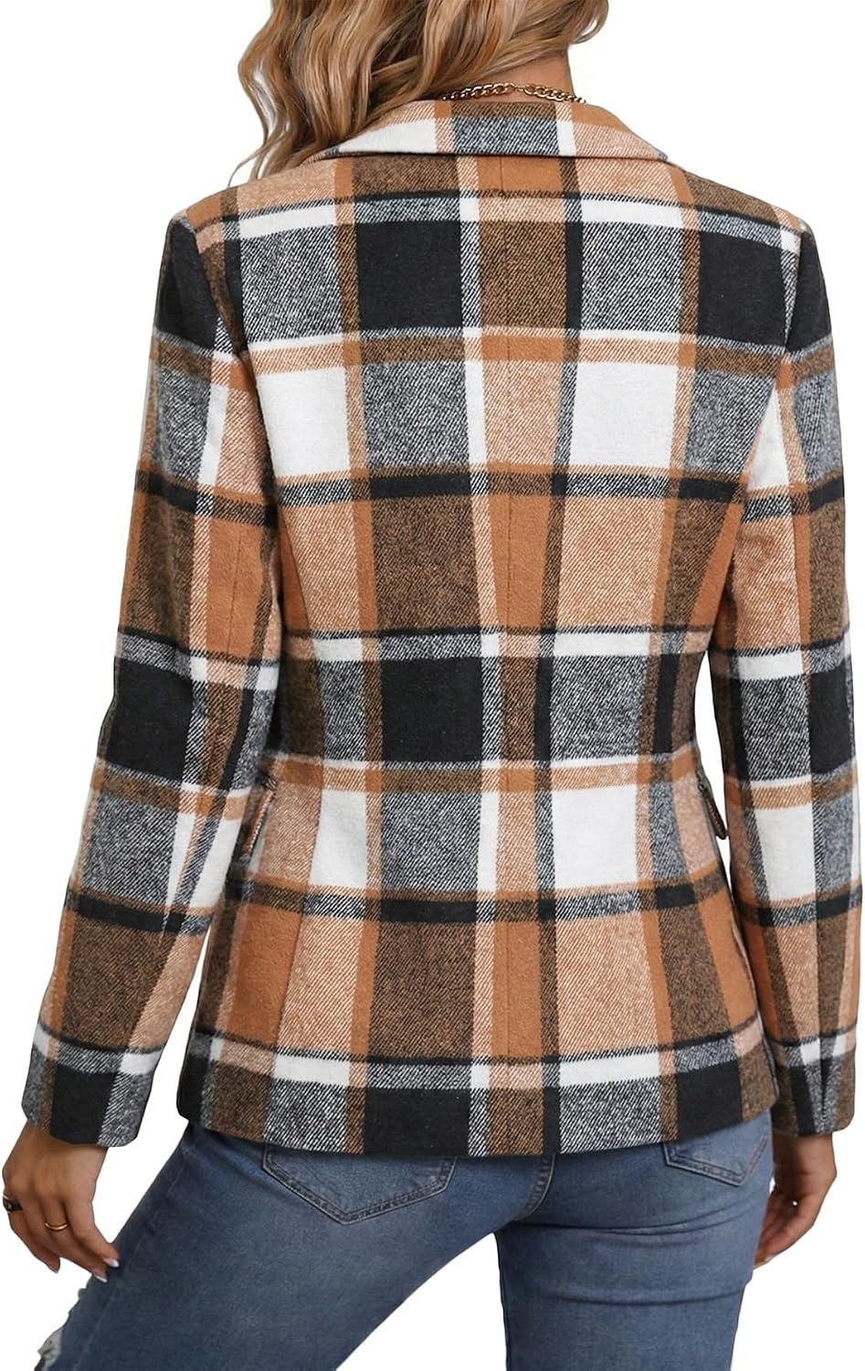 image:imageMina Self 2026 Womens Fall Tweed Blazer Plaid Jacket Business Casual CoatKhakibrownFlannel