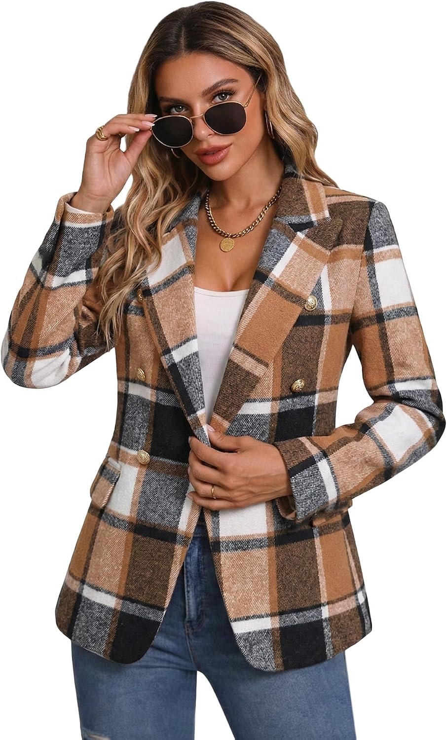 image:imageMina Self 2026 Womens Fall Tweed Blazer Plaid Jacket Business Casual CoatKhakibrownFlannel