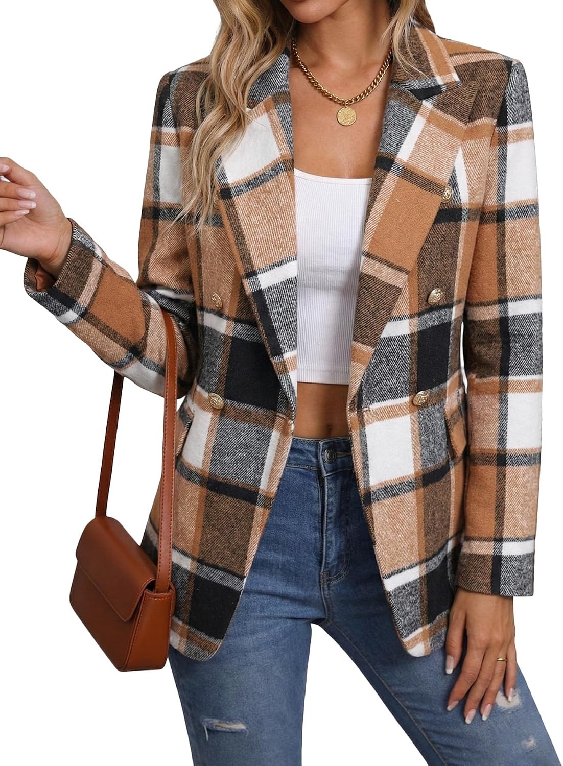 image:imageMina Self 2026 Womens Fall Tweed Blazer Plaid Jacket Business Casual CoatKhakibrownFlannel