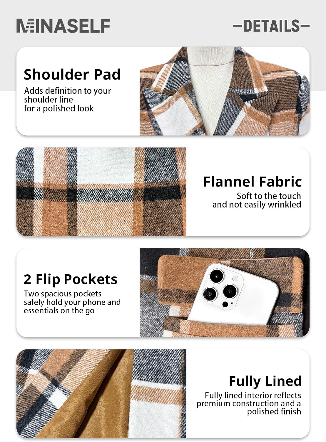 image:imageMina Self 2026 Womens Fall Tweed Blazer Plaid Jacket Business Casual CoatKhakibrownFlannel