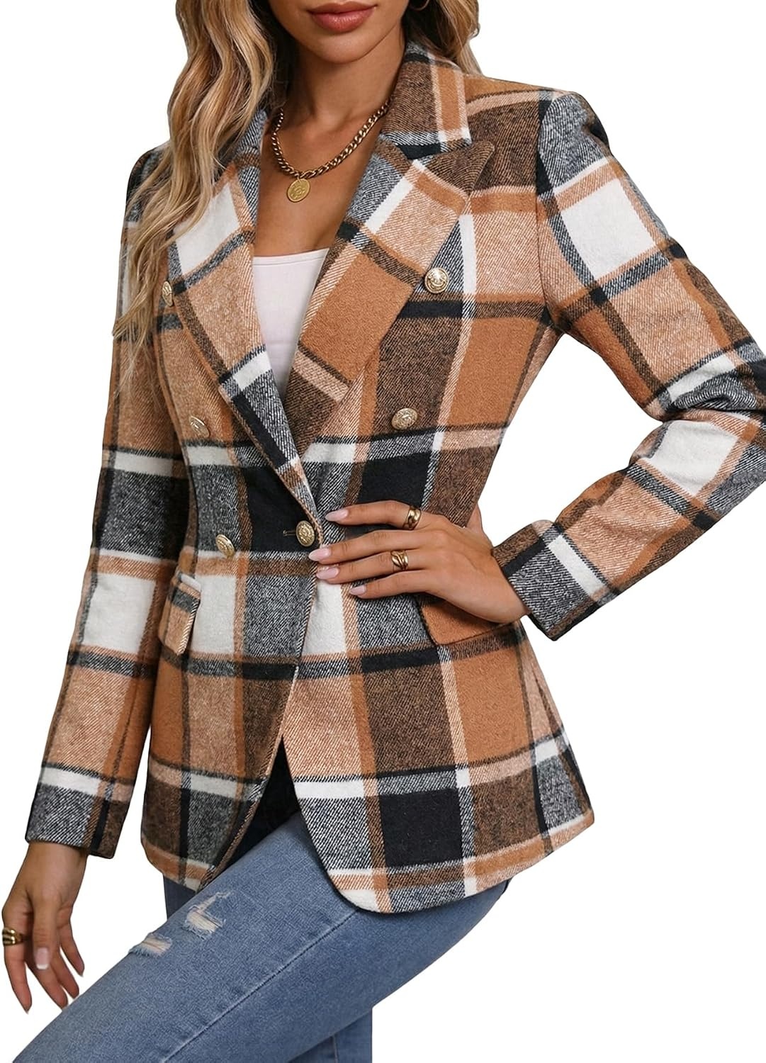 image:imageMina Self 2026 Womens Fall Tweed Blazer Plaid Jacket Business Casual CoatKhakibrownFlannel