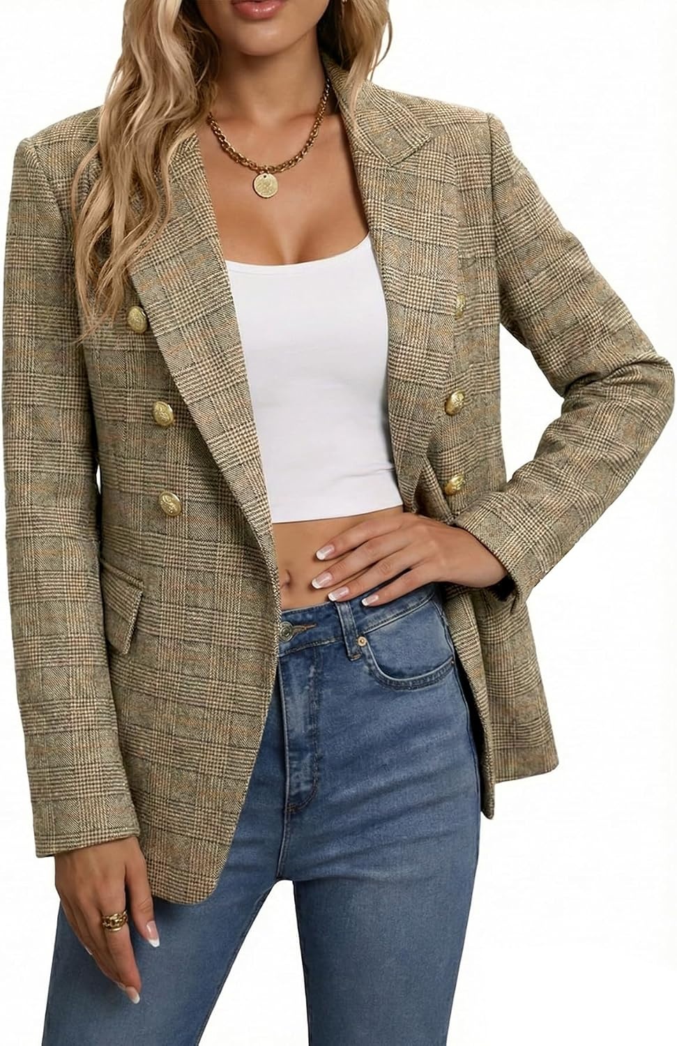 image:imageMina Self 2026 Womens Fall Tweed Blazer Plaid Jacket Business Casual CoatPlaidBrown