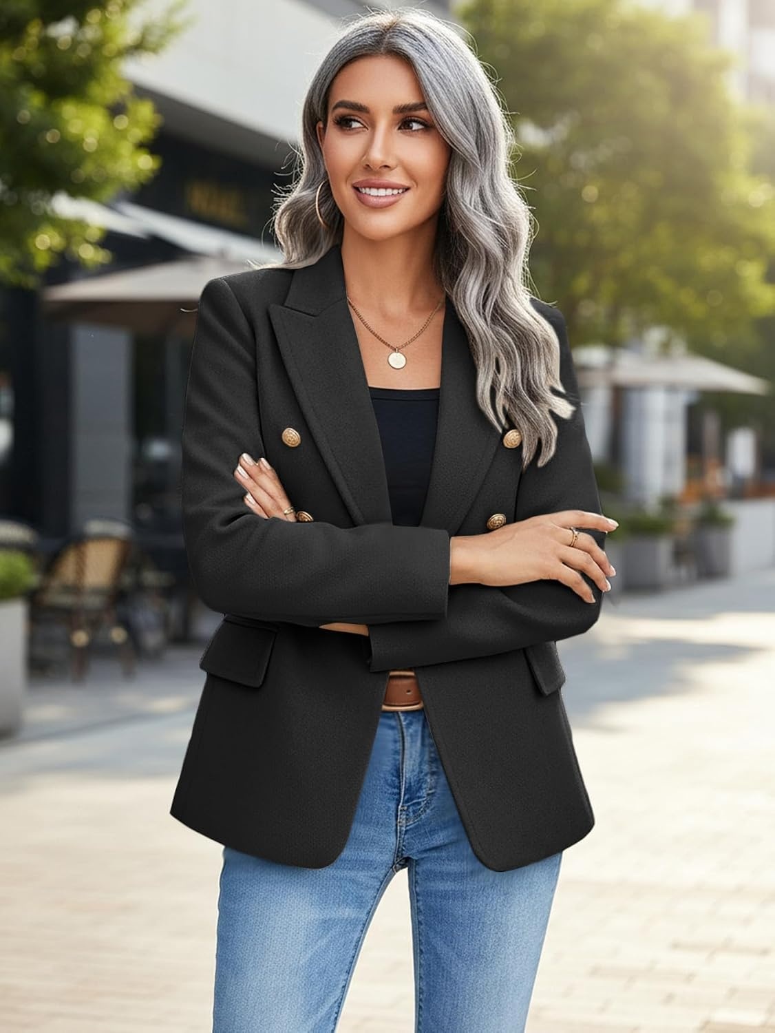 image:imageMina Self 2026 Womens Fall Tweed Blazer Plaid Jacket Business Casual CoatWoolblack