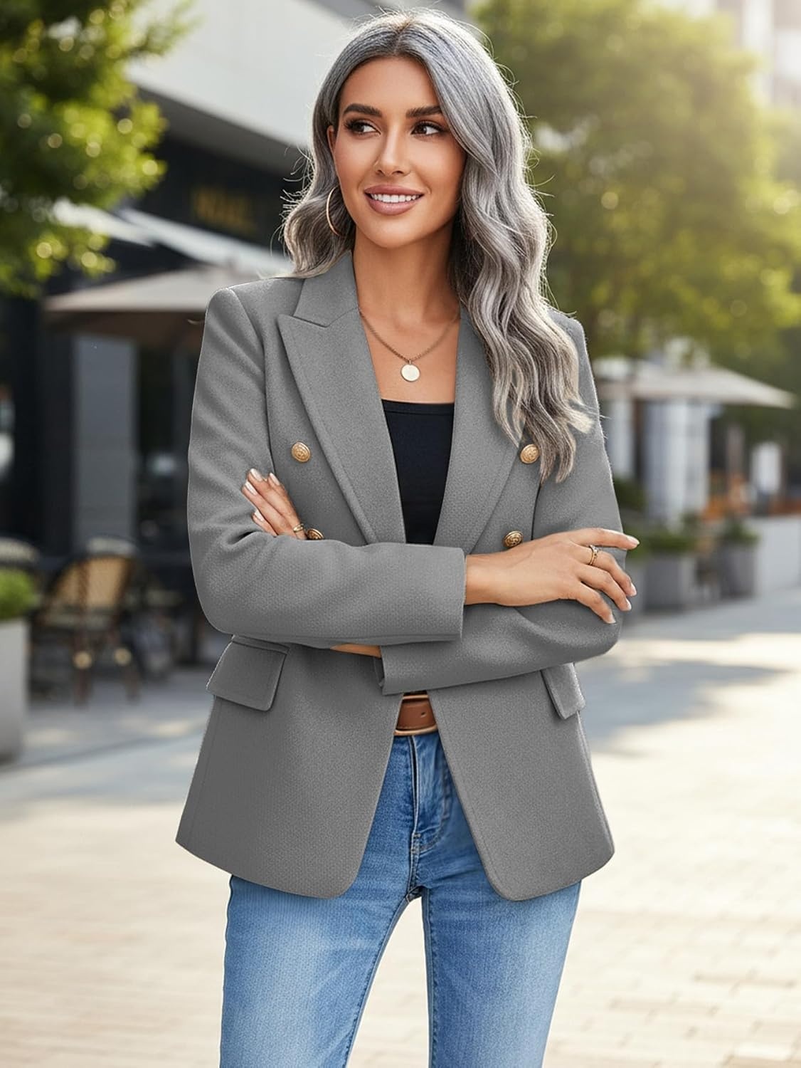 image:imageMina Self 2026 Womens Fall Tweed Blazer Plaid Jacket Business Casual CoatWoolgrey
