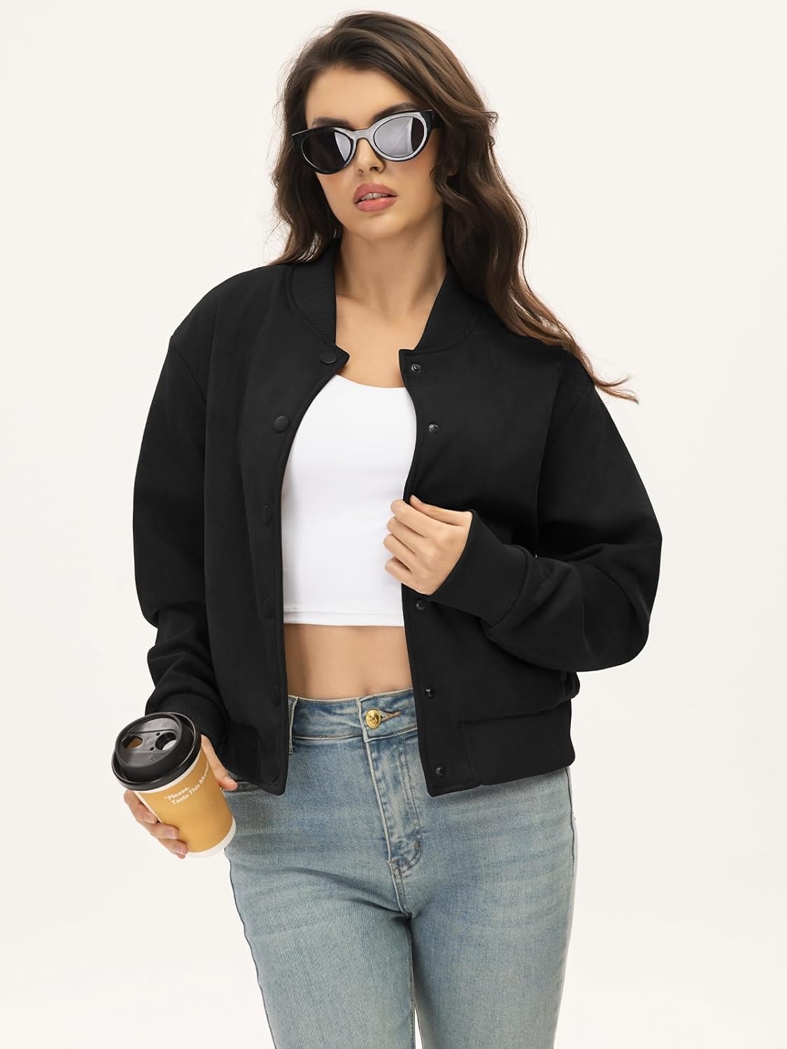 image:imageMoreone Womens Faux Suede Cropped Varsity Bomber Jacket Button Front CasualBlack