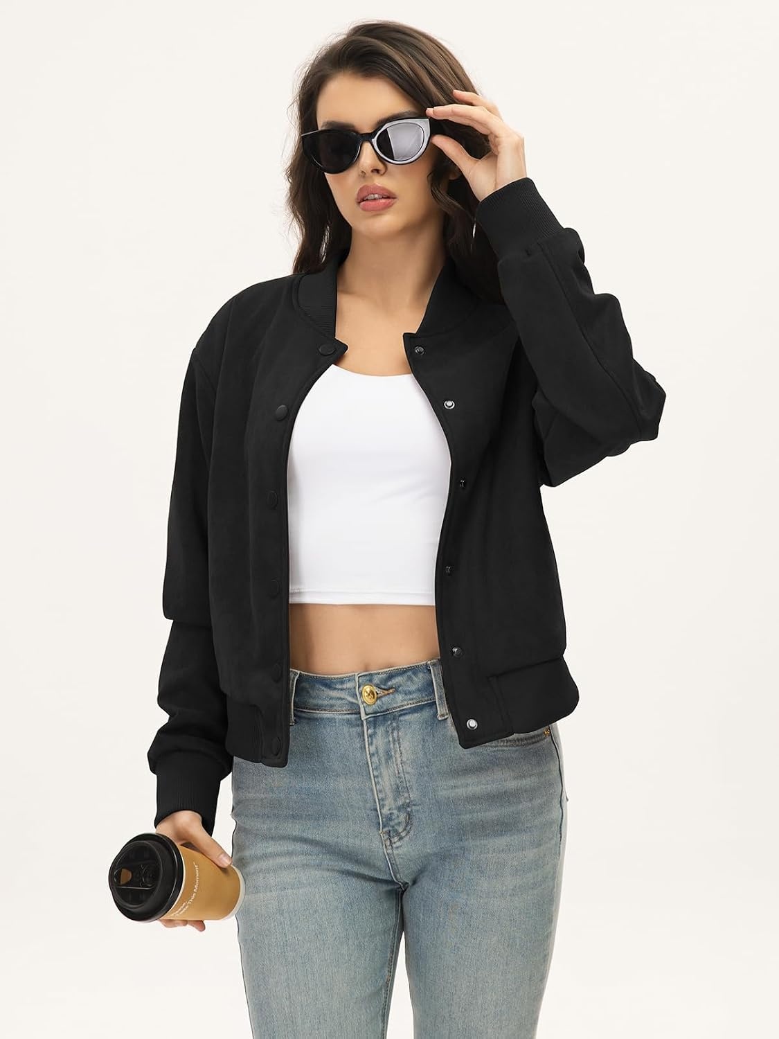 image:imageMoreone Womens Faux Suede Cropped Varsity Bomber Jacket Button Front CasualBlack