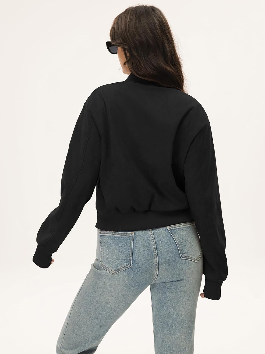 image:imageMoreone Womens Faux Suede Cropped Varsity Bomber Jacket Button Front CasualBlack