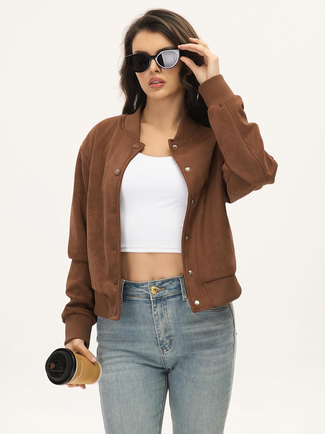 image:imageMoreone Womens Faux Suede Cropped Varsity Bomber Jacket Button Front CasualBrown