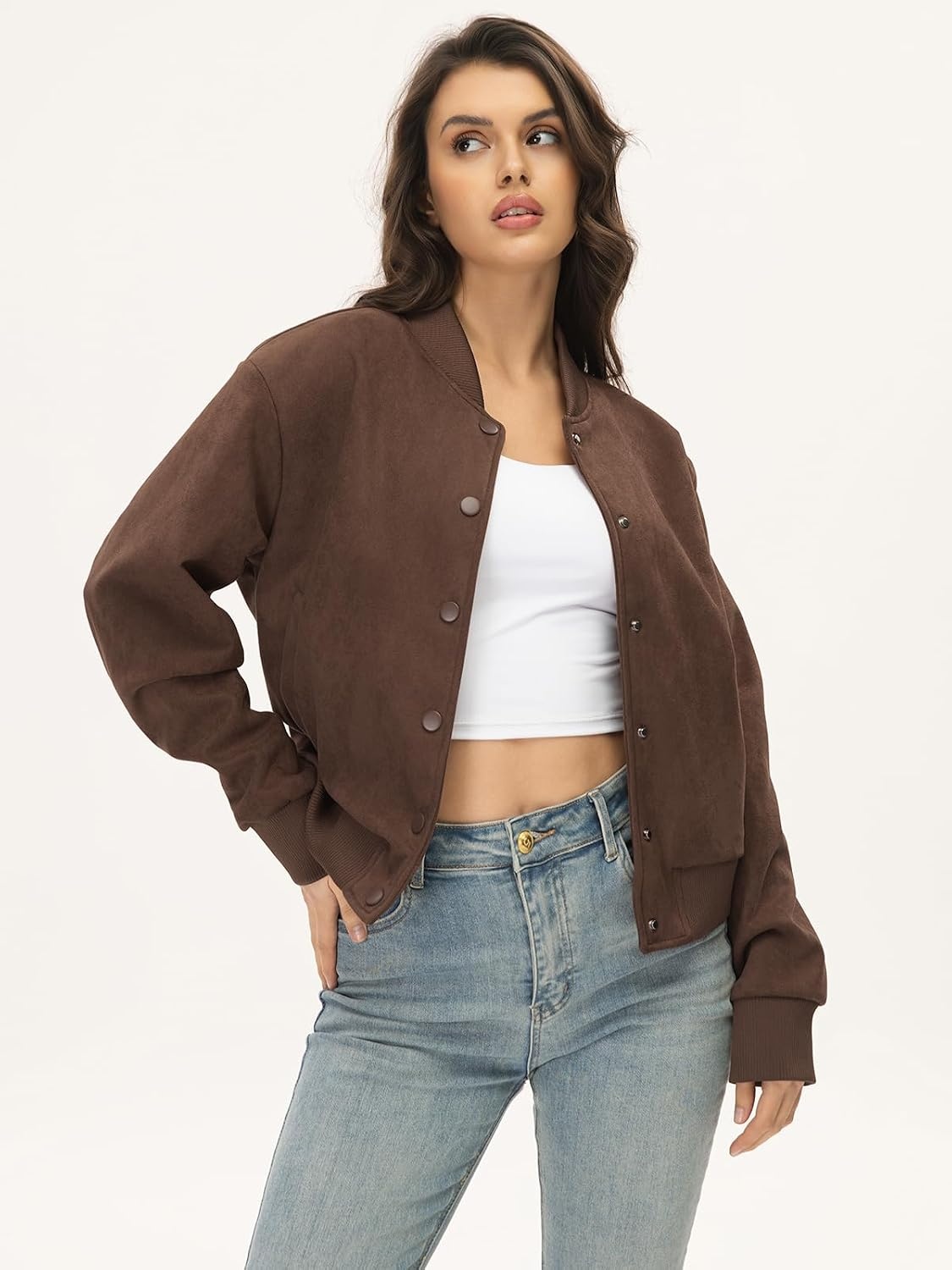 image:imageMoreone Womens Faux Suede Cropped Varsity Bomber Jacket Button Front CasualCoffee