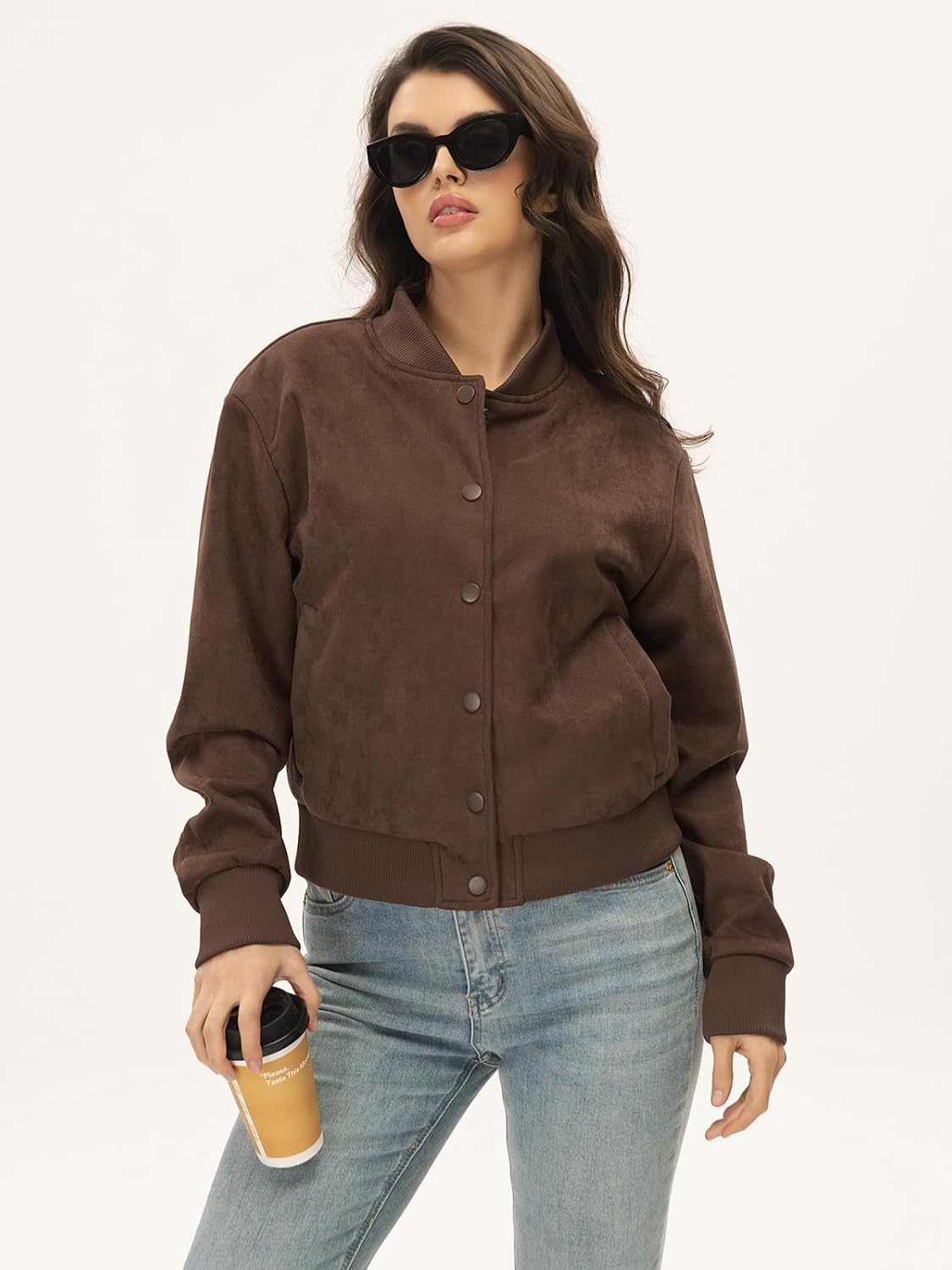 image:imageMoreone Womens Faux Suede Cropped Varsity Bomber Jacket Button Front CasualCoffee