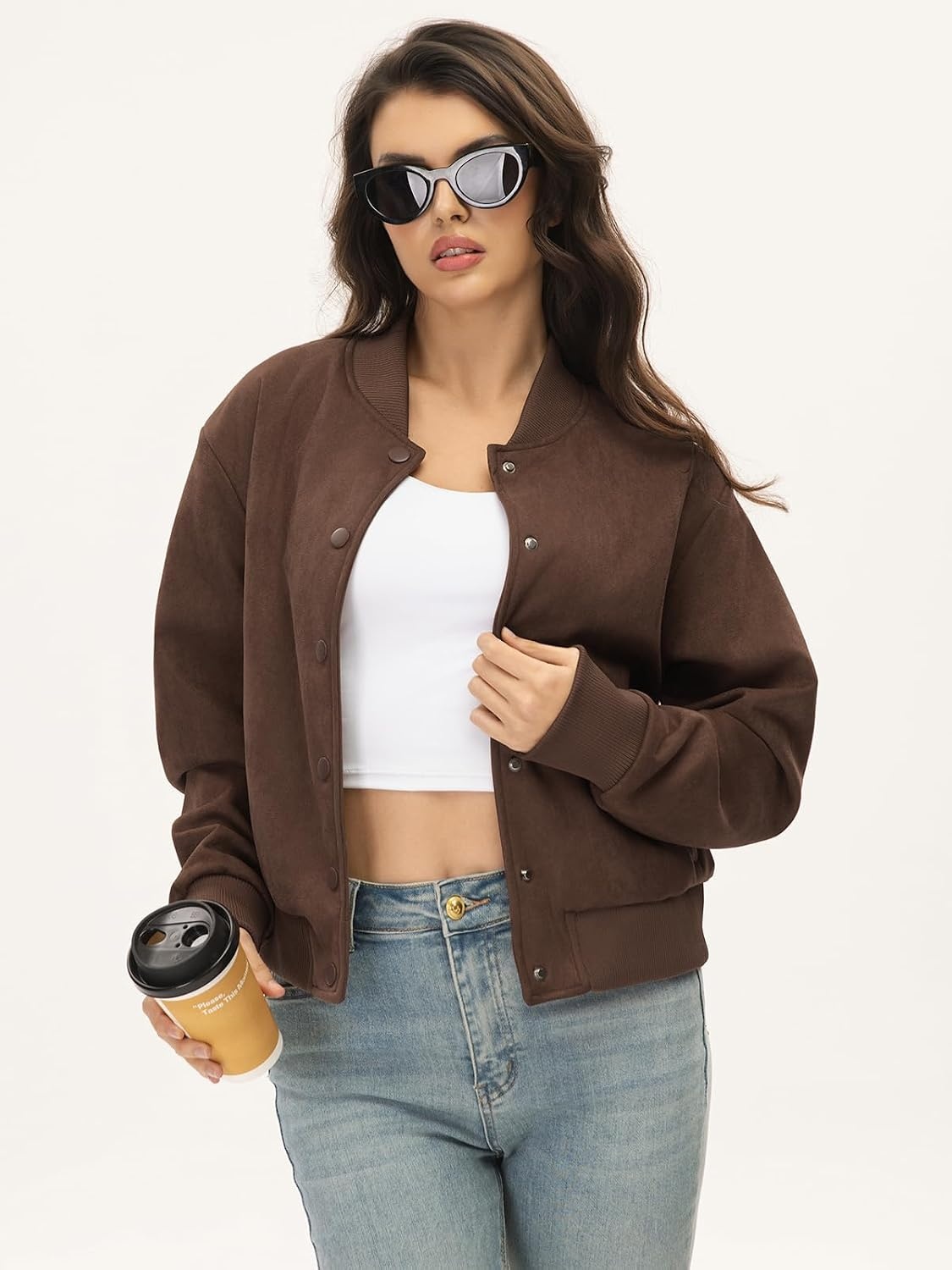 image:imageMoreone Womens Faux Suede Cropped Varsity Bomber Jacket Button Front CasualCoffee