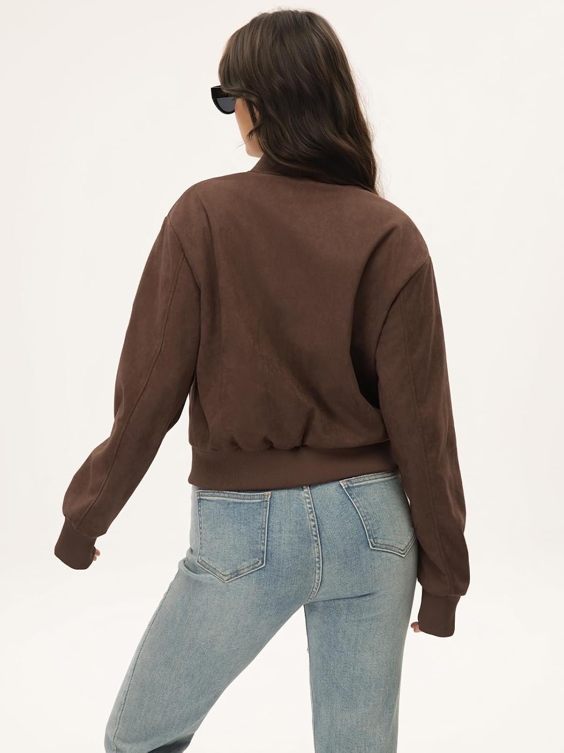 image:imageMoreone Womens Faux Suede Cropped Varsity Bomber Jacket Button Front CasualCoffee