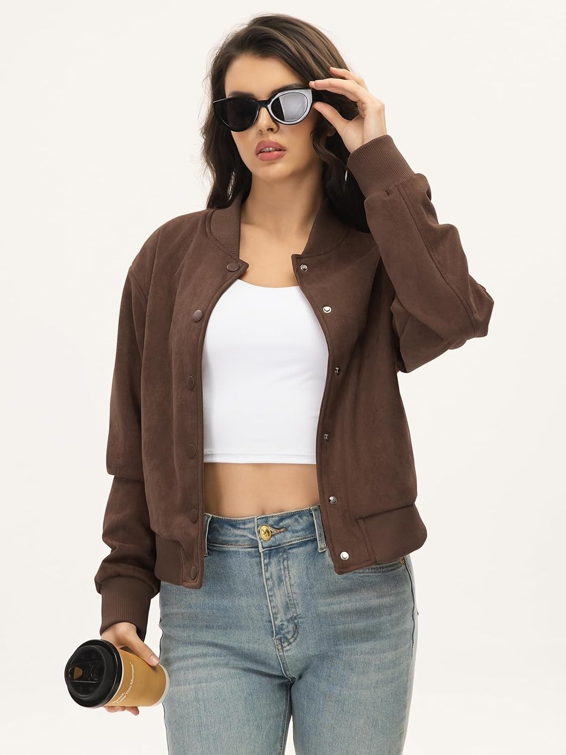image:imageMoreone Womens Faux Suede Cropped Varsity Bomber Jacket Button Front CasualCoffee