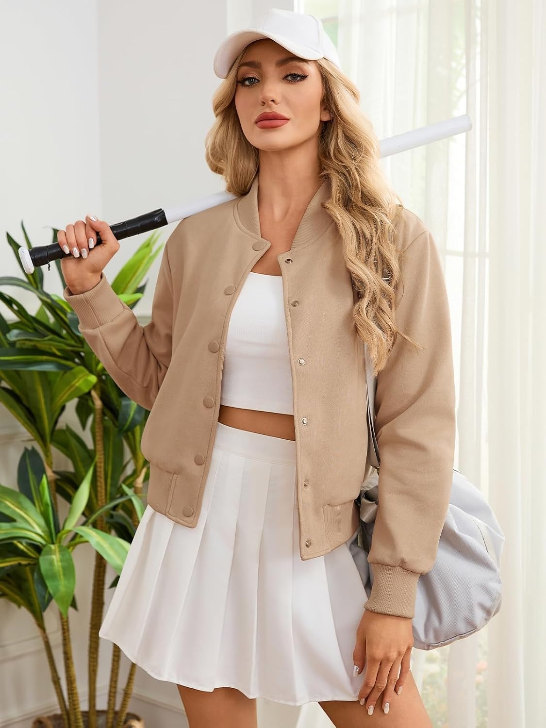 image:imageMoreone Womens Faux Suede Cropped Varsity Bomber Jacket Button Front CasualKhaki