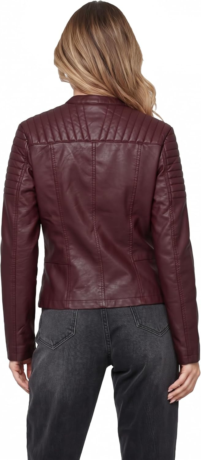 image:imageOlivia Miller Womens Faux Leather Moto JacketBurgundy